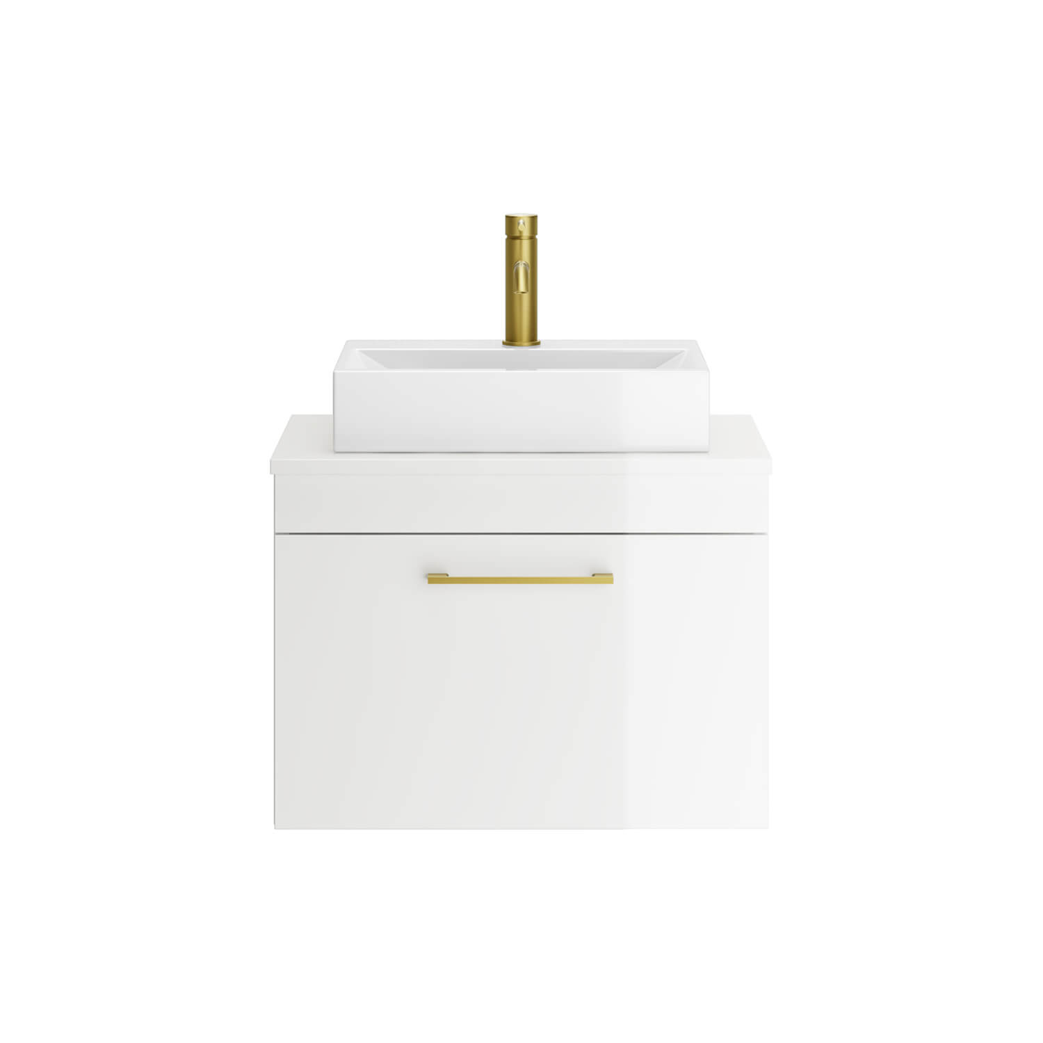 Emily Gloss White Wall Mounted 1 Drawer Vanity Unit and Countertop with Brushed Brass Handle