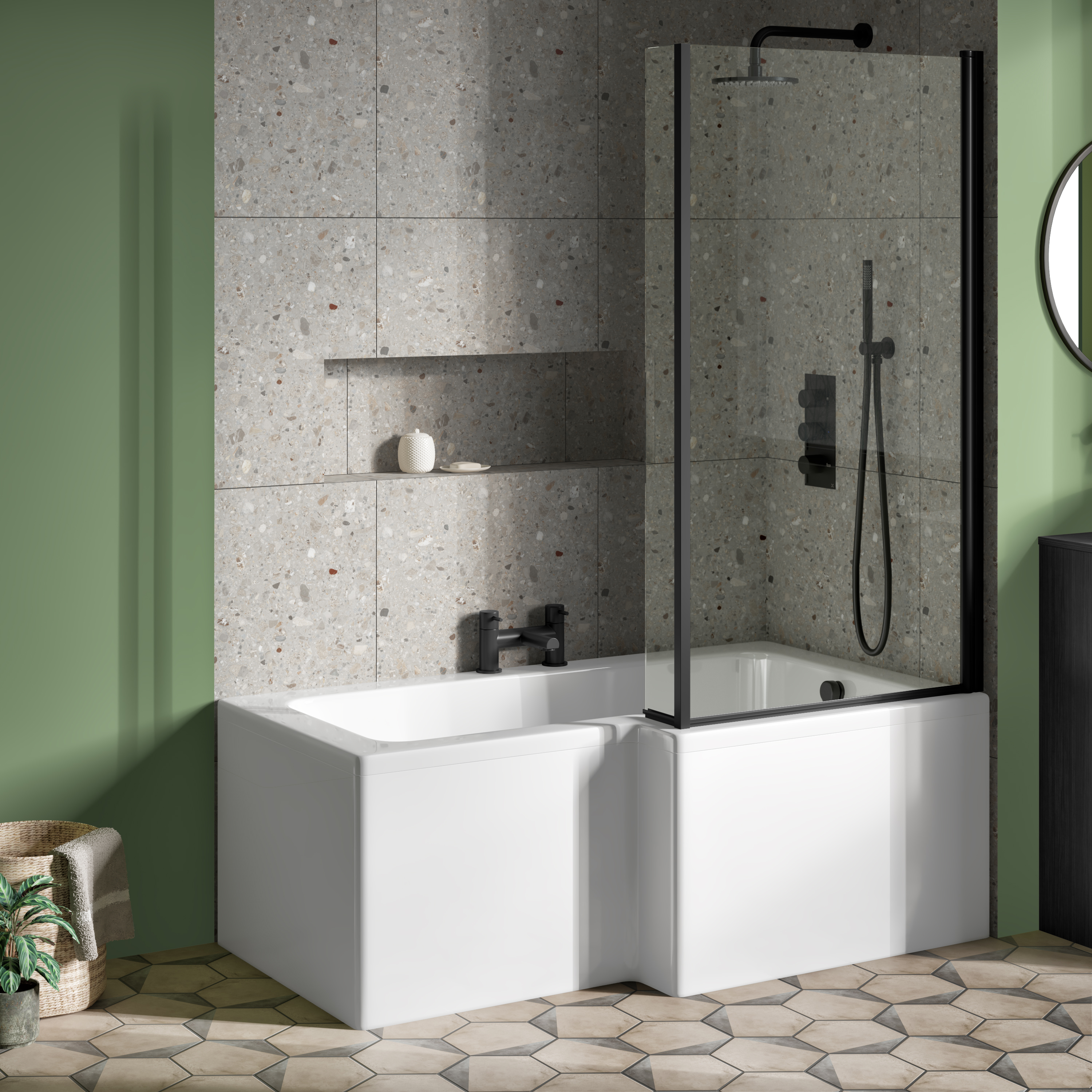 Vellamo City 6mm Matt Black Square Corner Hinged Bath Screen With Fixed Return - 1430 x 780mm