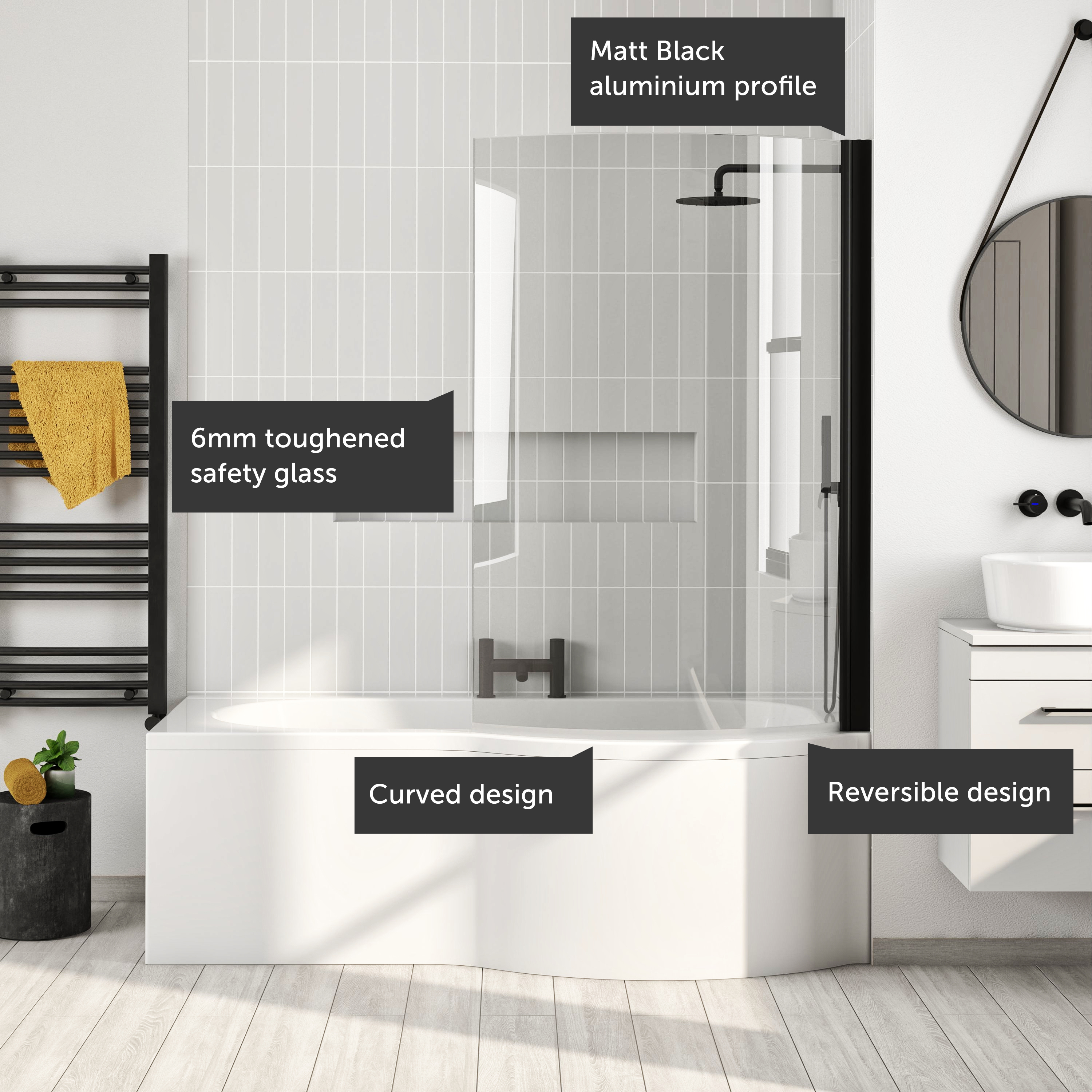 Drench Curved Matt Black Hinged P-Bath Screen - 1433 x 715mm