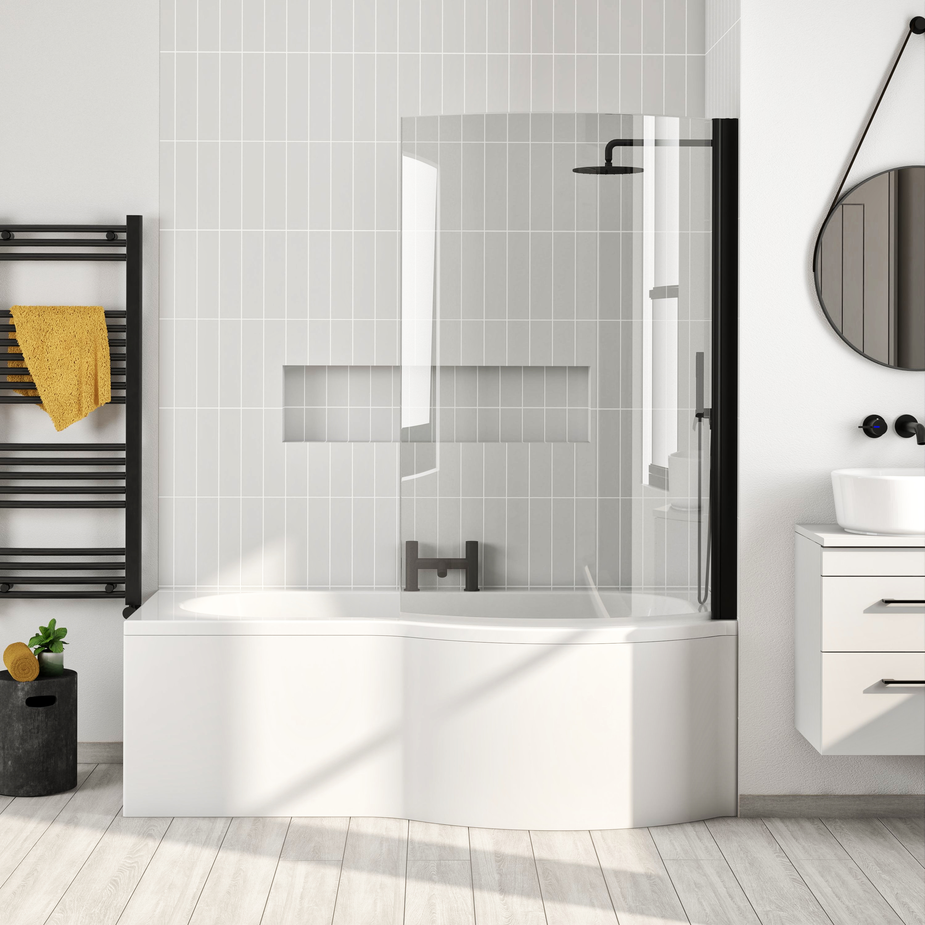 Drench Curved Matt Black Hinged P-Bath Screen - 1433 x 715mm