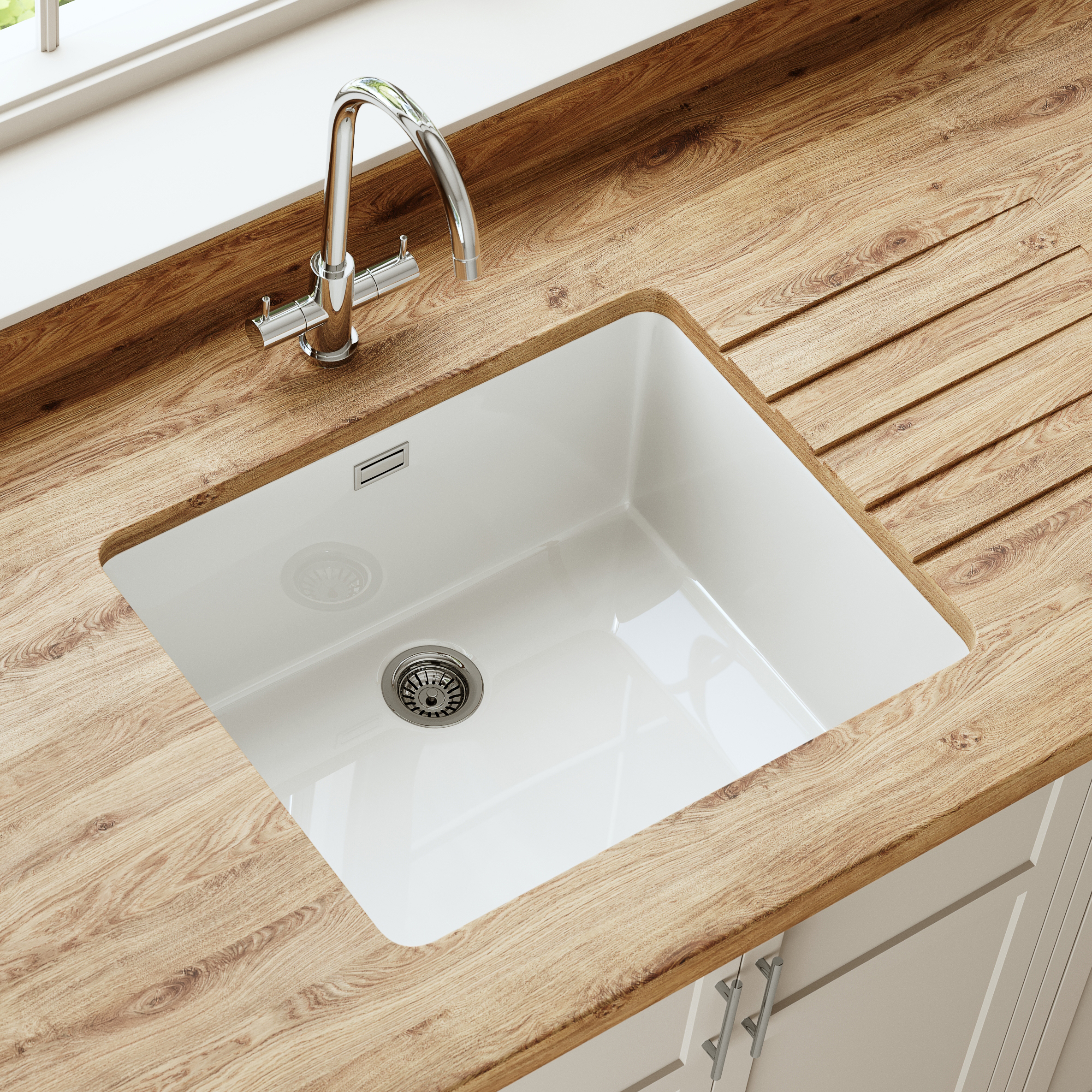 Butler & Rose Bryn Large 1 Bowl White Fine Fireclay Ceramic Inset/Undermount Kitchen Sink - 526mm x 460mm