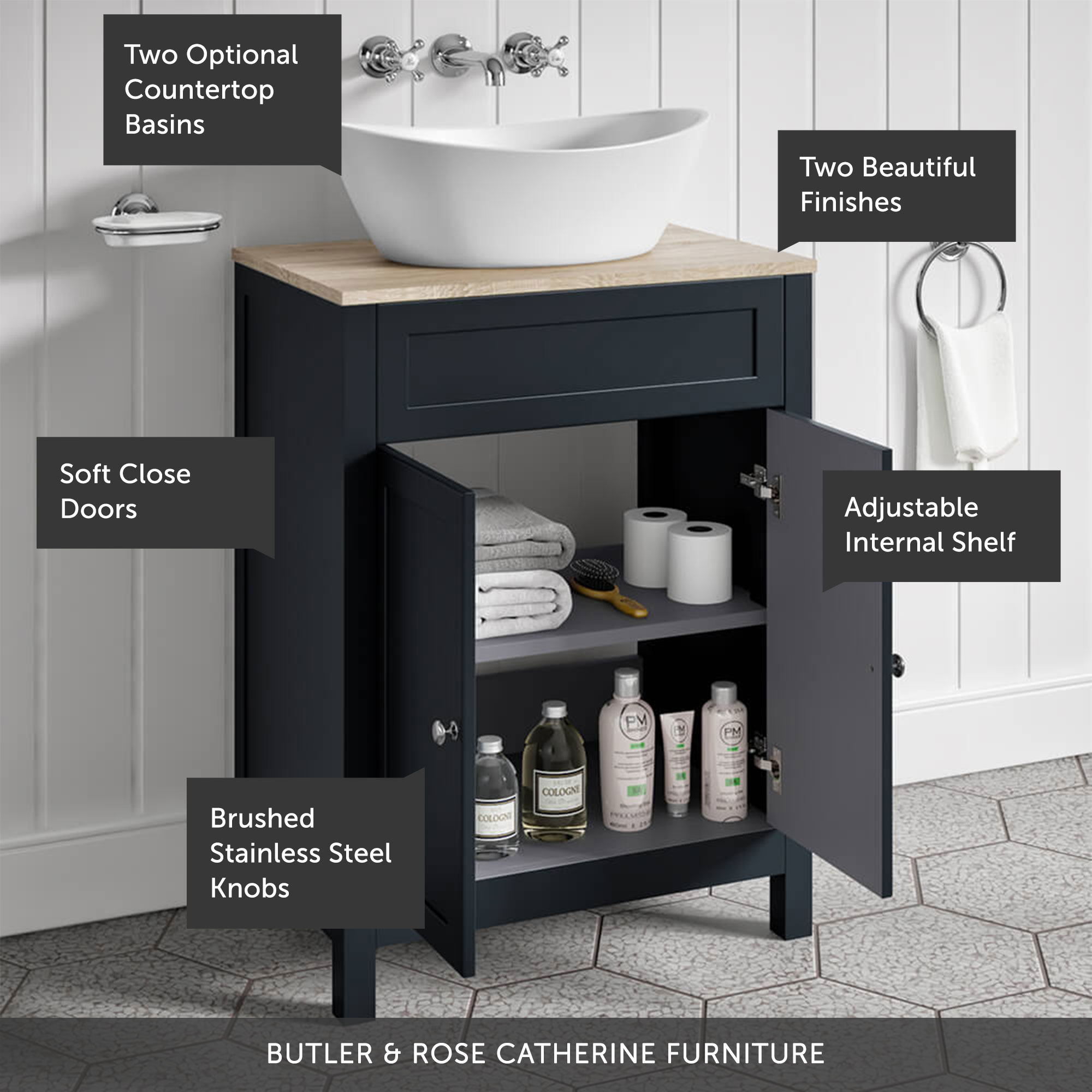 Butler & Rose Catherine 600mm Floorstanding Vanity Unit with Country Oak-Effect Countertop
