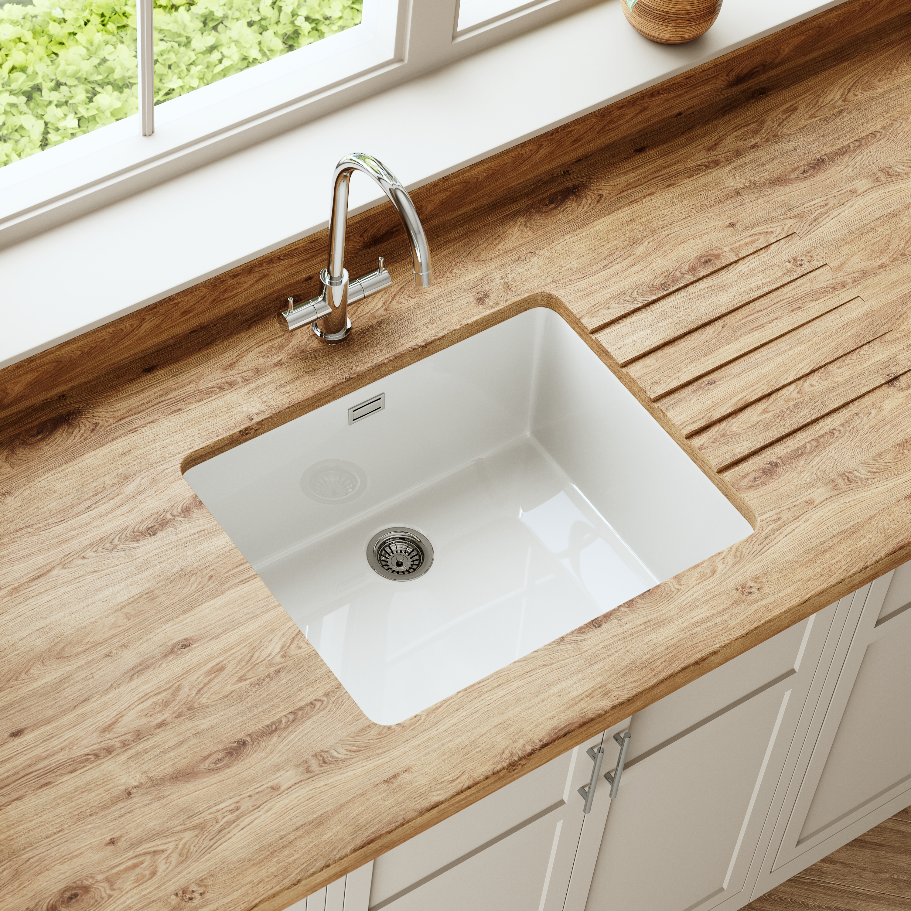Butler & Rose Bryn Large 1 Bowl White Fine Fireclay Ceramic Inset/Undermount Kitchen Sink - 526mm x 460mm