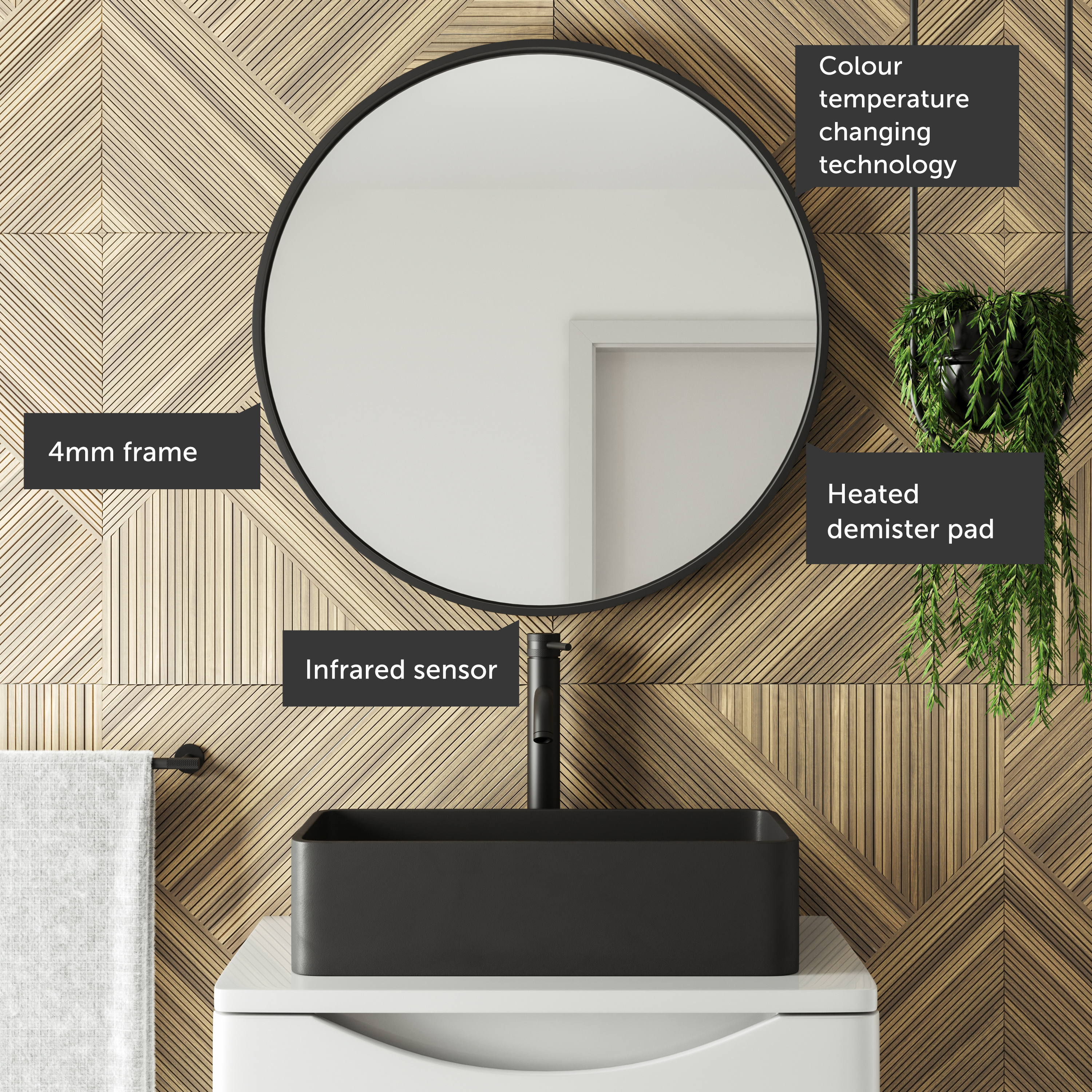 Core LED Illuminated Round Framed Mirror with Demister Pad & Colour Change Lights - 600mm