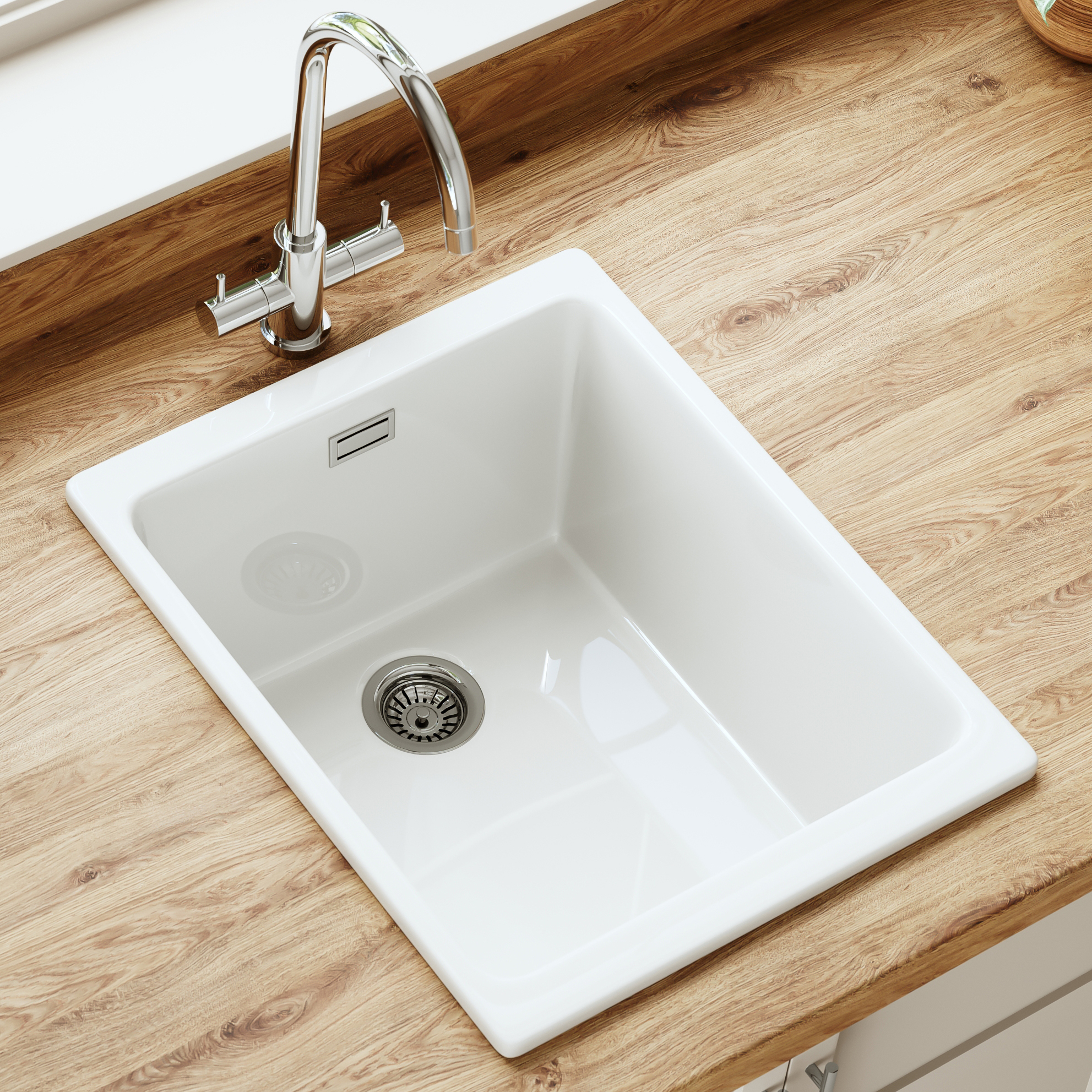 Butler & Rose Bryn Compact 1 Bowl White Fine Fireclay Ceramic Inset/Undermount Kitchen Sink - 370mm x 460mm