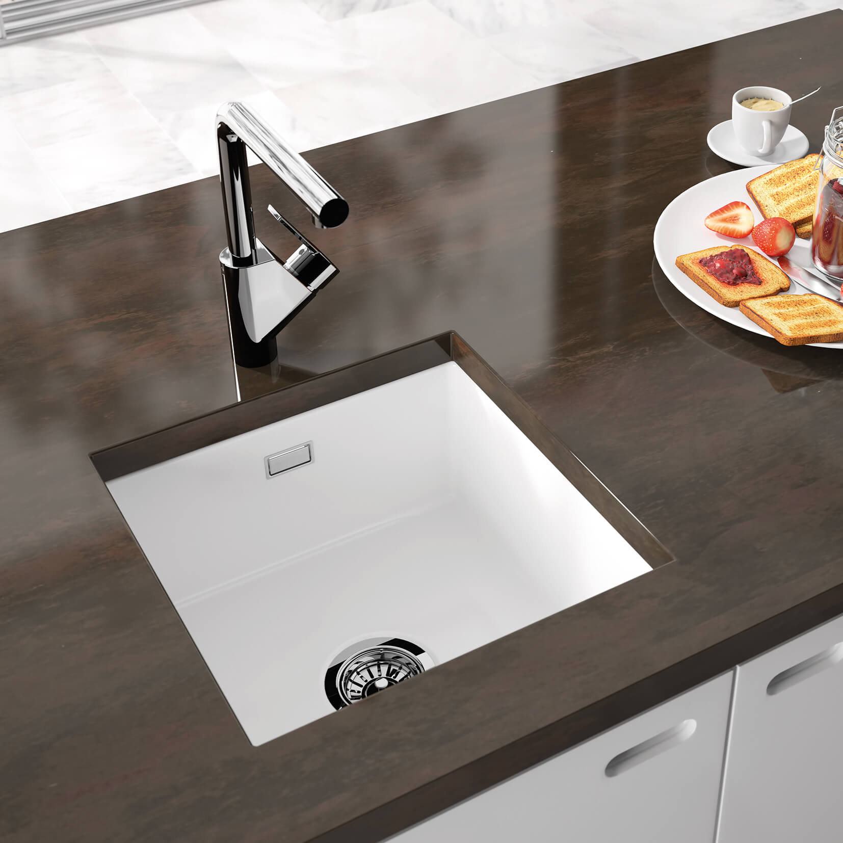 Thomas Denby Metro 1 Bowl Inset or Undermount Ceramic Kitchen Sink - 460 x 460mm