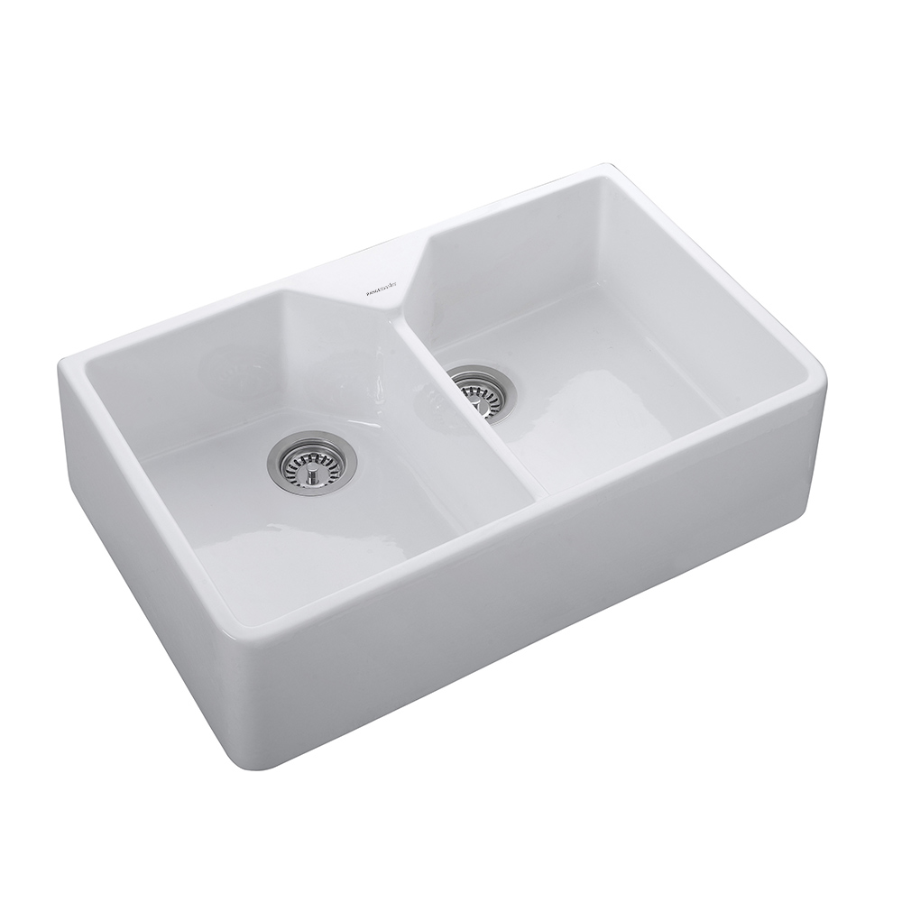 Rangemaster Double Belfast 2 Bowl White Fire Clay Ceramic Sink - 800 x 500mm