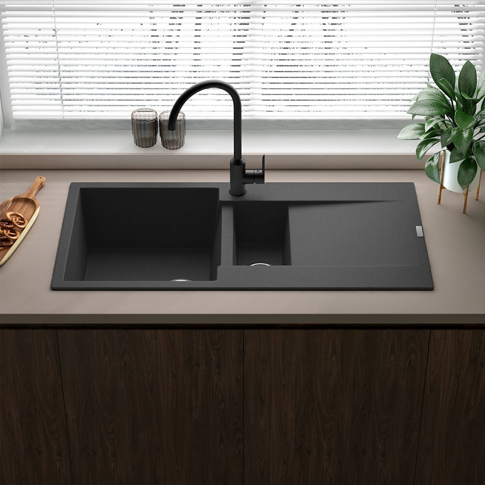 Reginox Amsterdam 1.5 Bowl Granite Composite Kitchen Sink & Waste Kit with Reversible Drainer - 1000 x 500mm