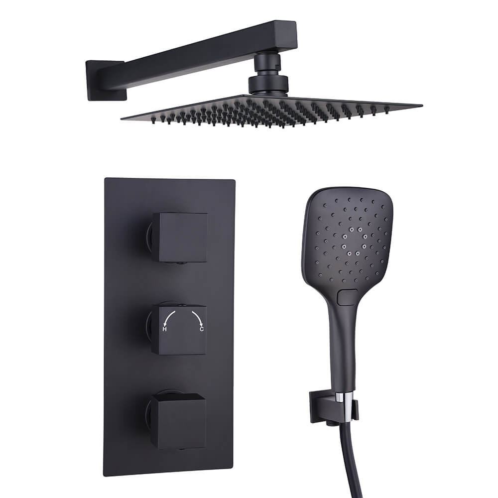 Drench Noir Matt Black Square Concealed Shower System with Fixed Head & Wall Mounted Shower Handset