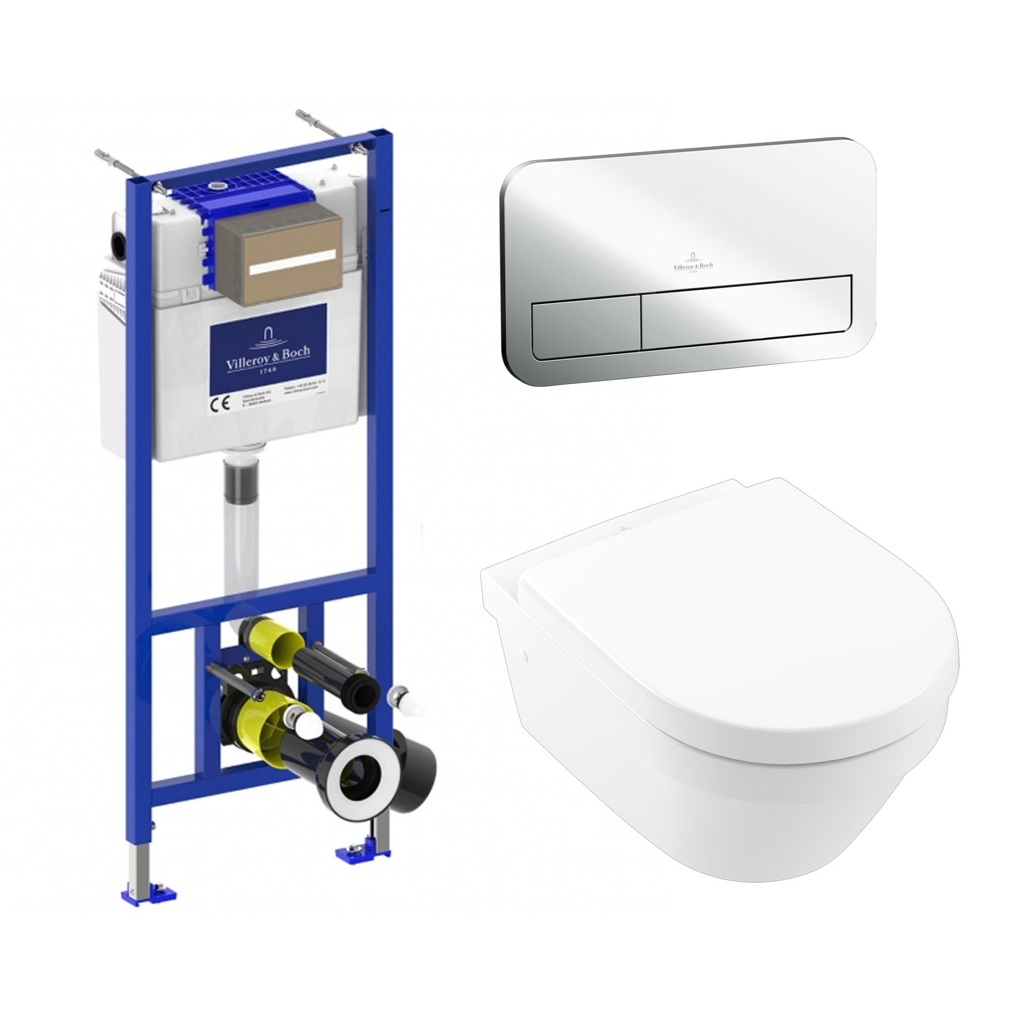 Villeroy & Boch ViConnect Pro 2.0 Frame with Architectura Round Rimless Wall Mounted Toilet, Flush Plate & Soft Close Toilet Seat