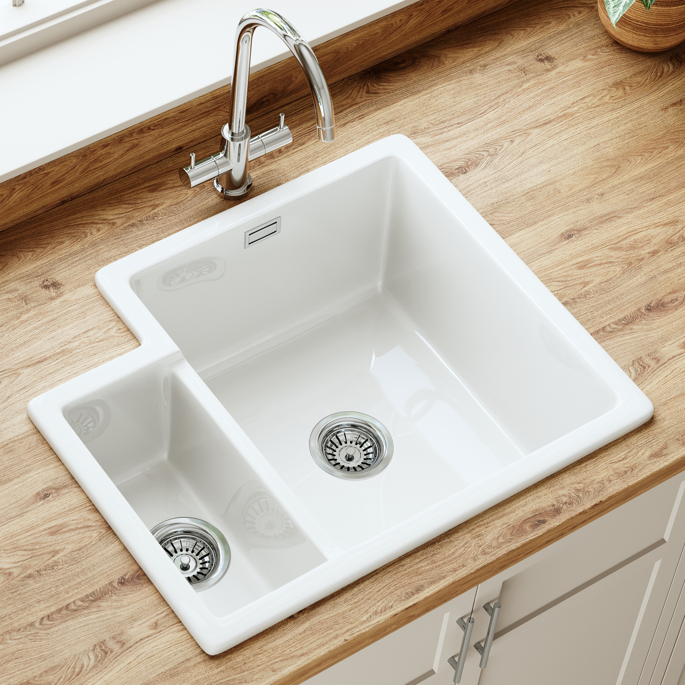 Butler & Rose Bryn 1.5 Bowl White Fine Fireclay Ceramic Inset/Undermount Kitchen Sink - 549 x 441mm