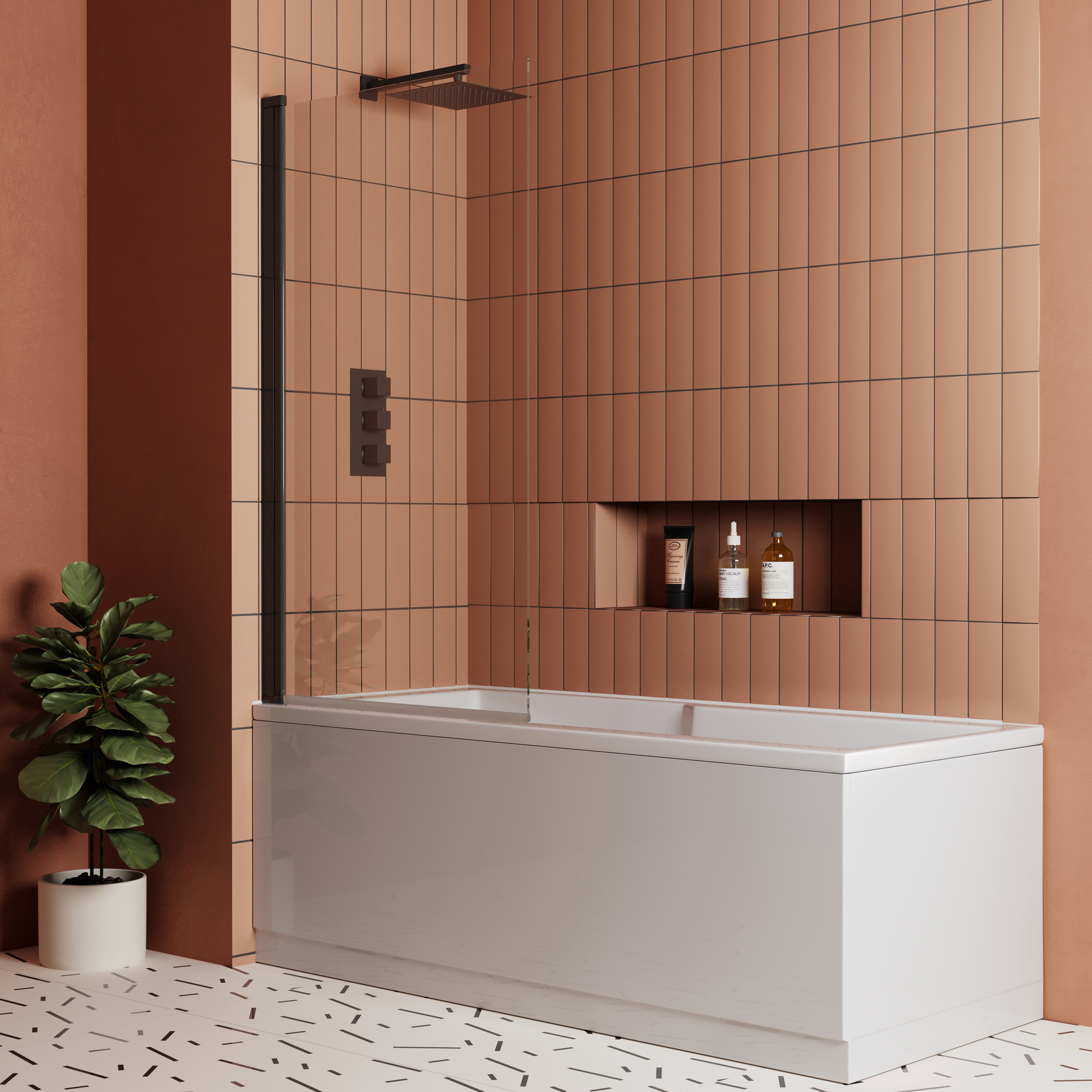 Vellamo City 6mm Matt Black Square Corner Hinged Bath Screen - 1430 x 770mm