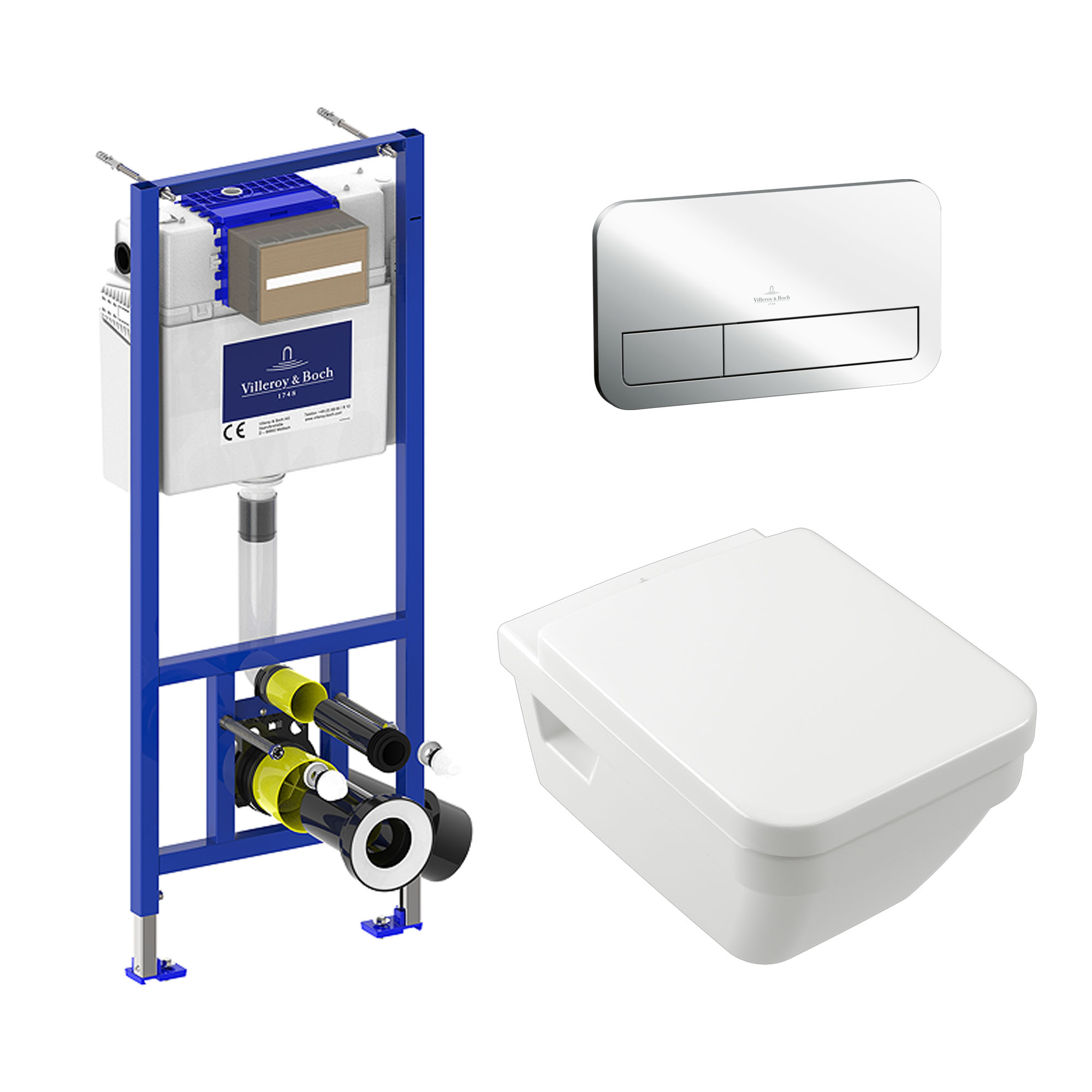 Villeroy & Boch ViConnect Pro 2.0 Frame with Architectura Square Rimless Wall Mounted Toilet, Flush Plate & Soft Close Toilet Seat 