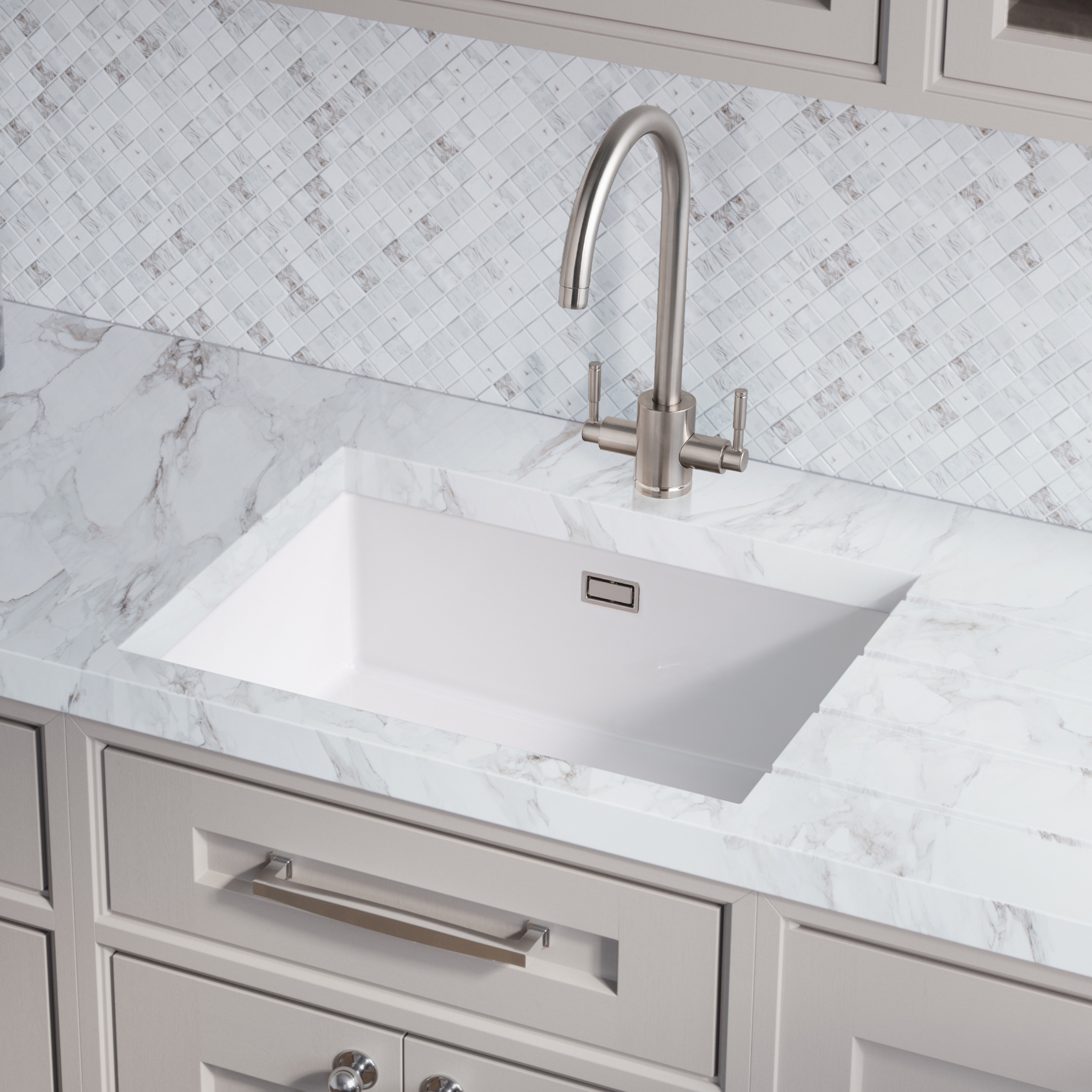 Rangemaster Rustique 1 Bowl Inset/Undermount Fireclay White Ceramic Kitchen Sink & Waste Kit - 598 x 462mm