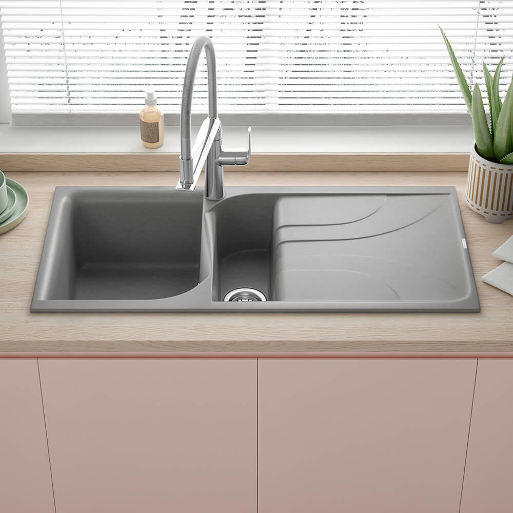 Reginox Ego Titanium Grey Granite Composite 1.5 Bowl Kitchen Sink & Vellamo FlexiSpray Mixer Tap