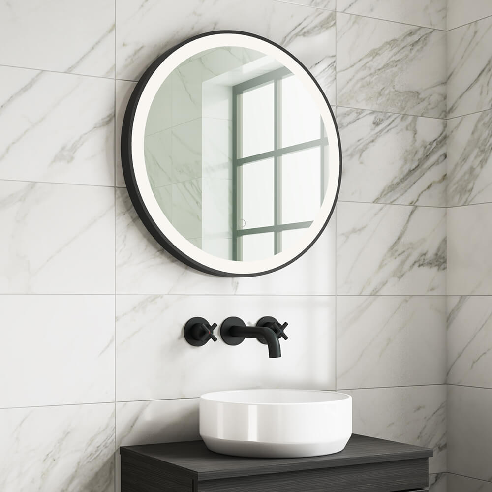 Harbour Status LED Illuminated Black Frame Round Mirror with Demister Pad & Colour Change LEDs - 2 Sizes