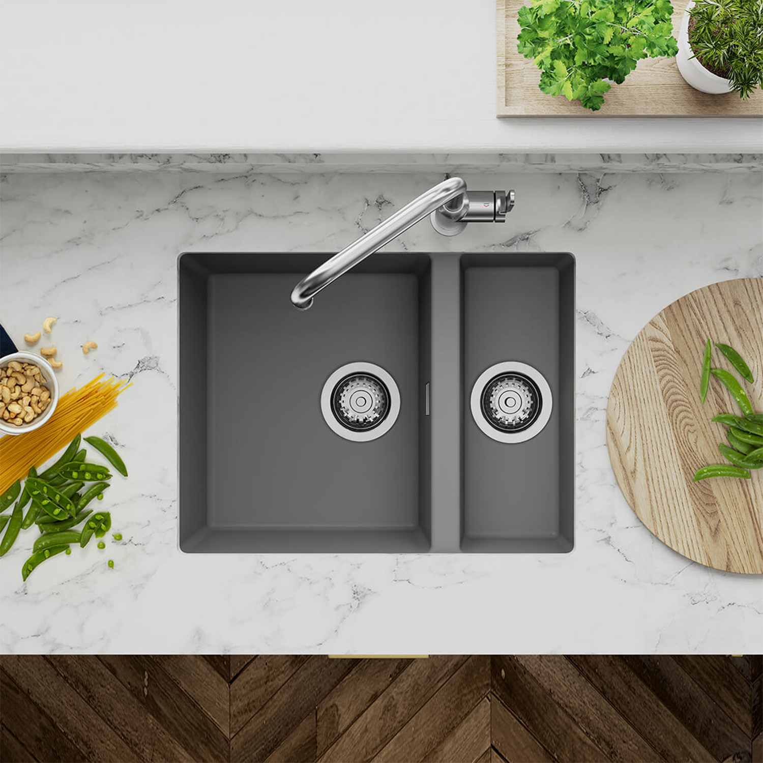 Clearwater Siena 1.5 Bowl Granite Composite Undermount Kitchen Sink & Waste - 555 x 460mm