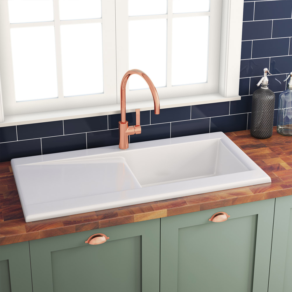 Butler & Rose Dream White Ceramic Fireclay Single Bowl Kitchen Sink with Reversible Drainer & Waste Kit - 1010mm x 510mm