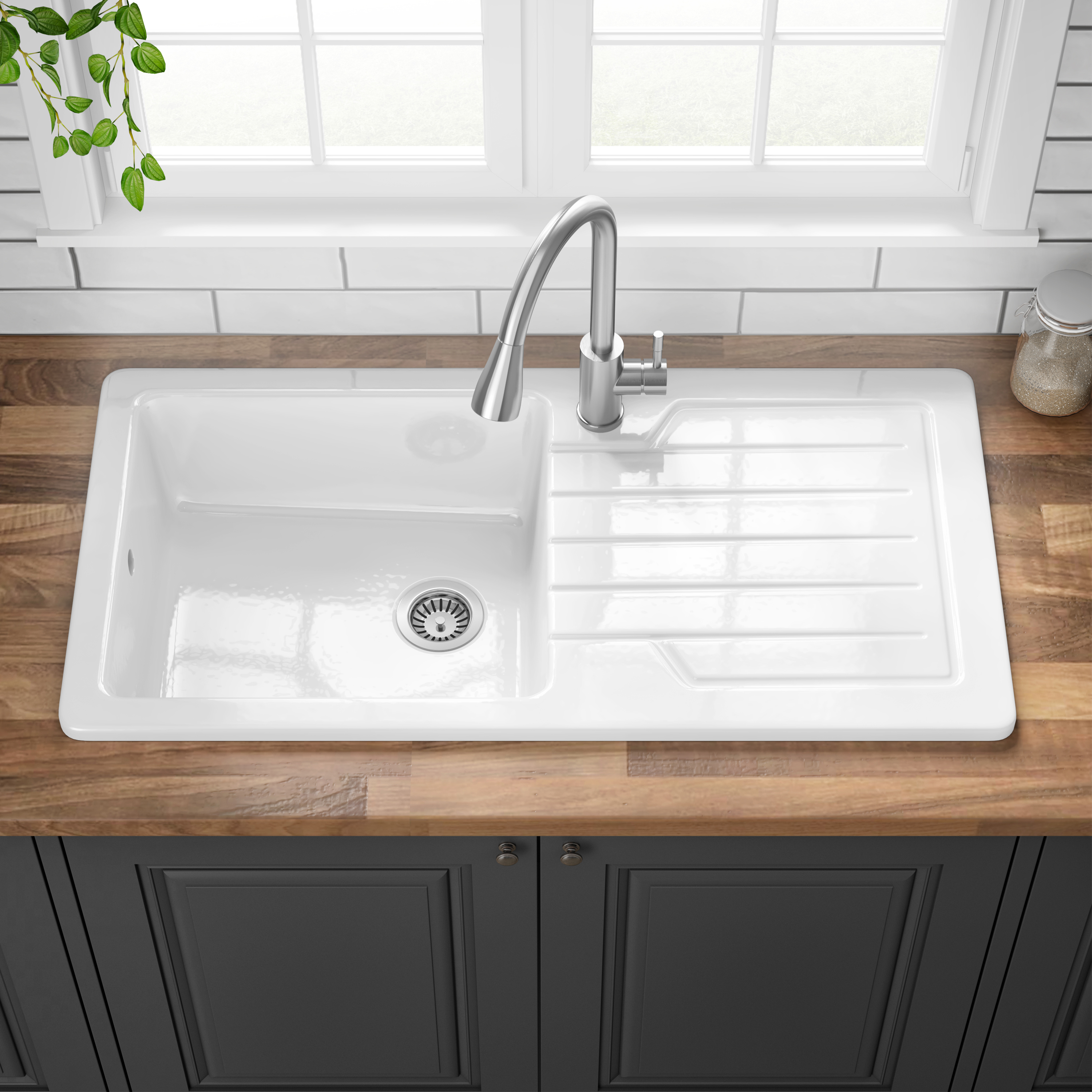 Butler & Rose Farmhouse 1 Bowl White Ceramic Kitchen Sink with Reversible Drainer - 1000 x 500mm