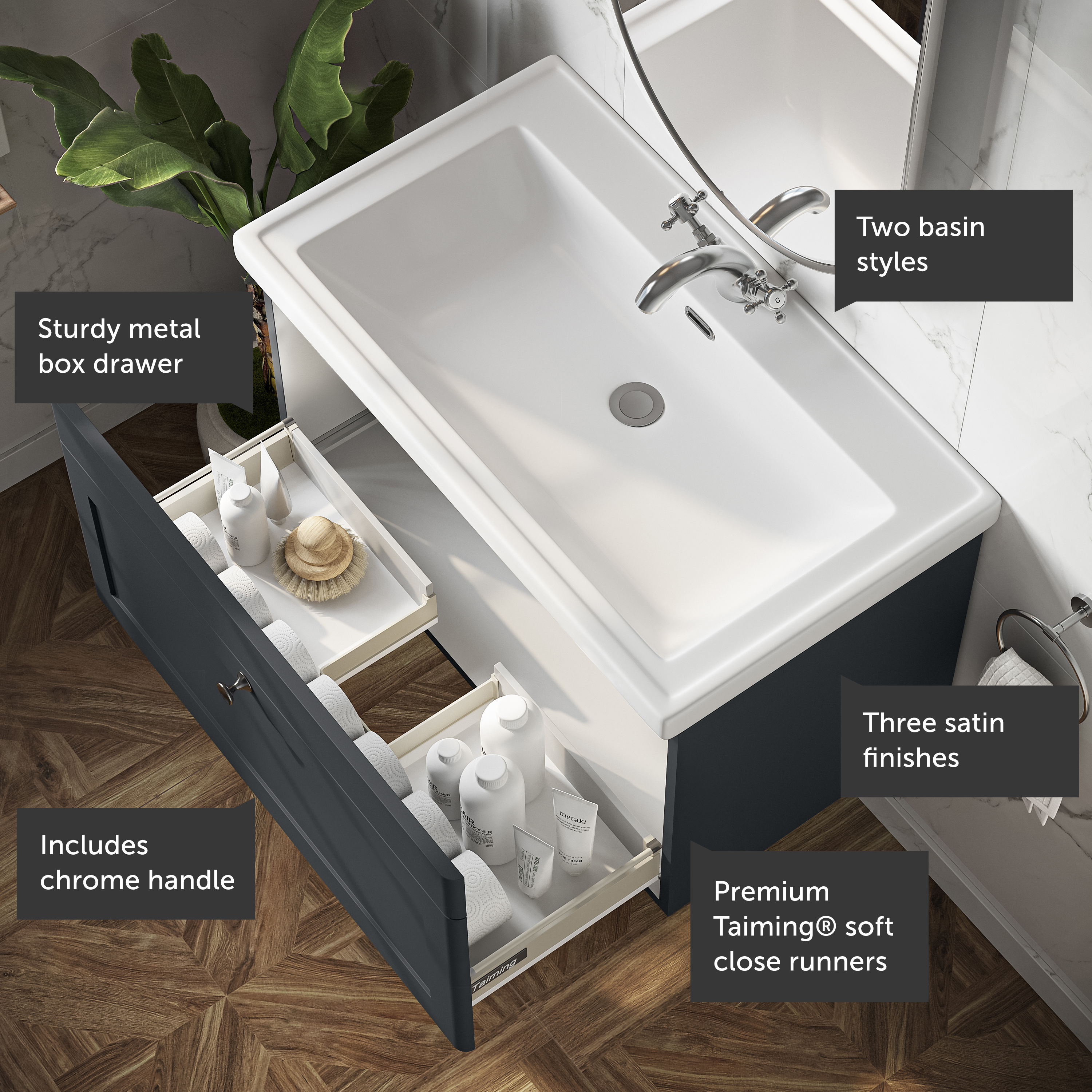 Butler & Rose Ophelia 800mm Wall Mounted 1 Drawer Vanity Unit & Basin