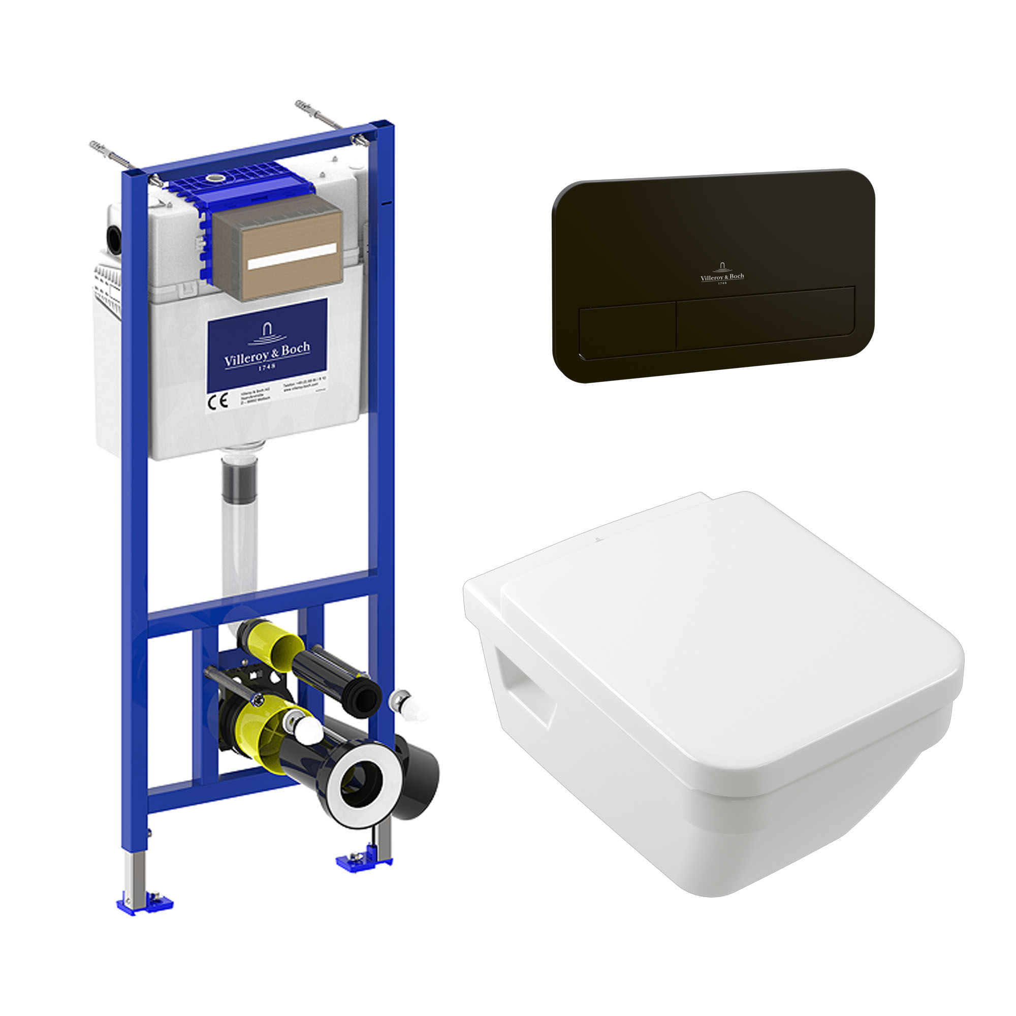 Villeroy & Boch ViConnect Pro 2.0 Frame with Architectura Square Rimless Wall Mounted Toilet, Flush Plate & Soft Close Toilet Seat 