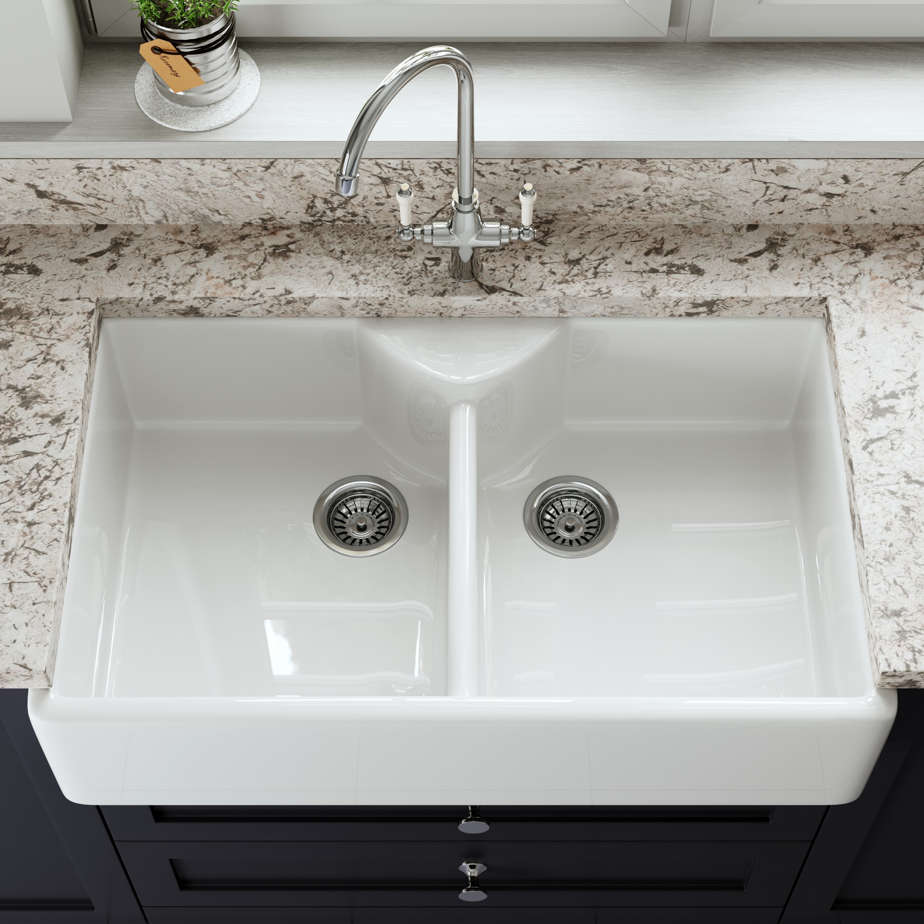 Butler & Rose Large Double Belfast / Butler Ceramic Fireclay Kitchen Sink - 895 x 550mm