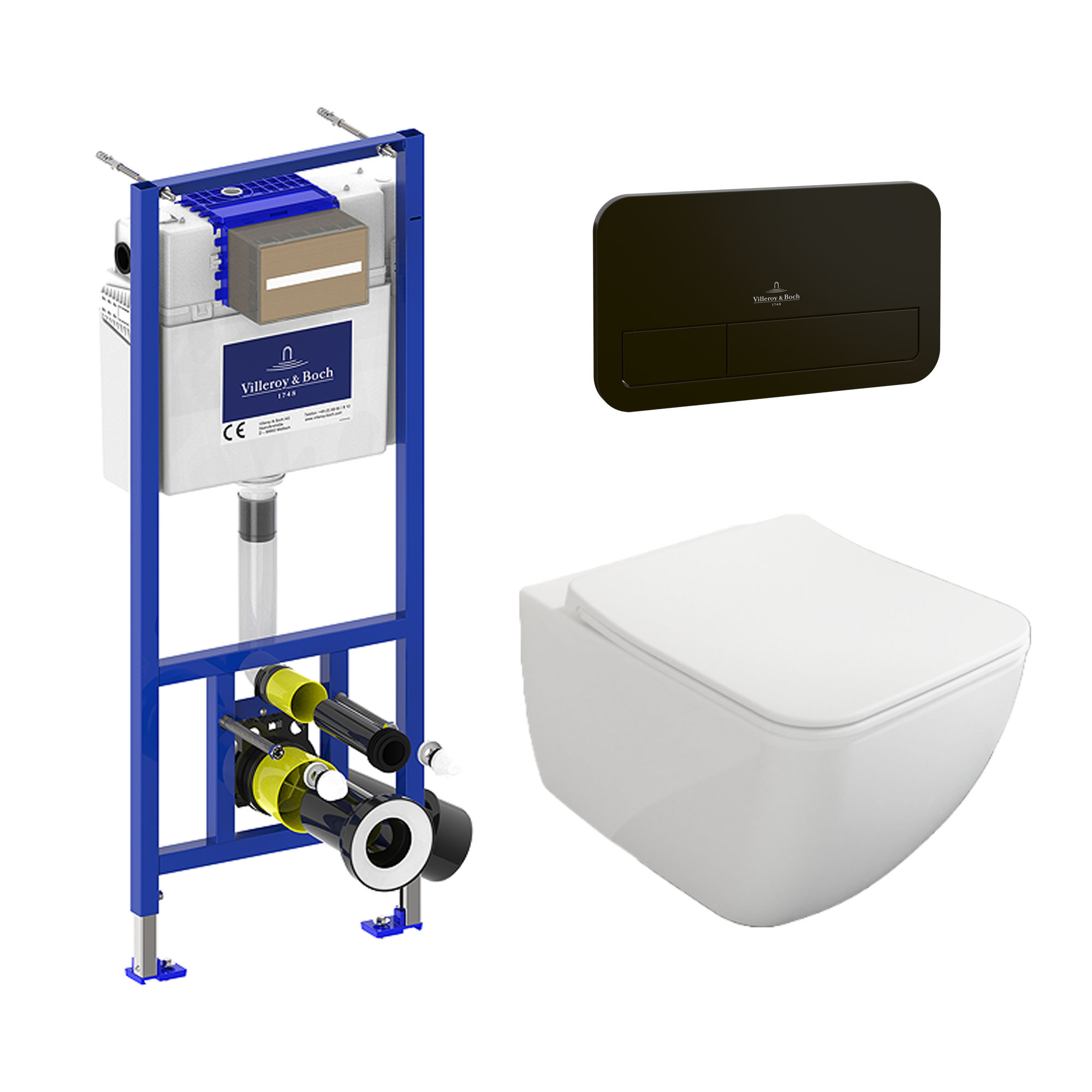 Villeroy & Boch ViConnect Pro 2.0 Frame with Venticello Rimless Wall Mounted Toilet, Flush Plate & Soft Close Toilet Seat