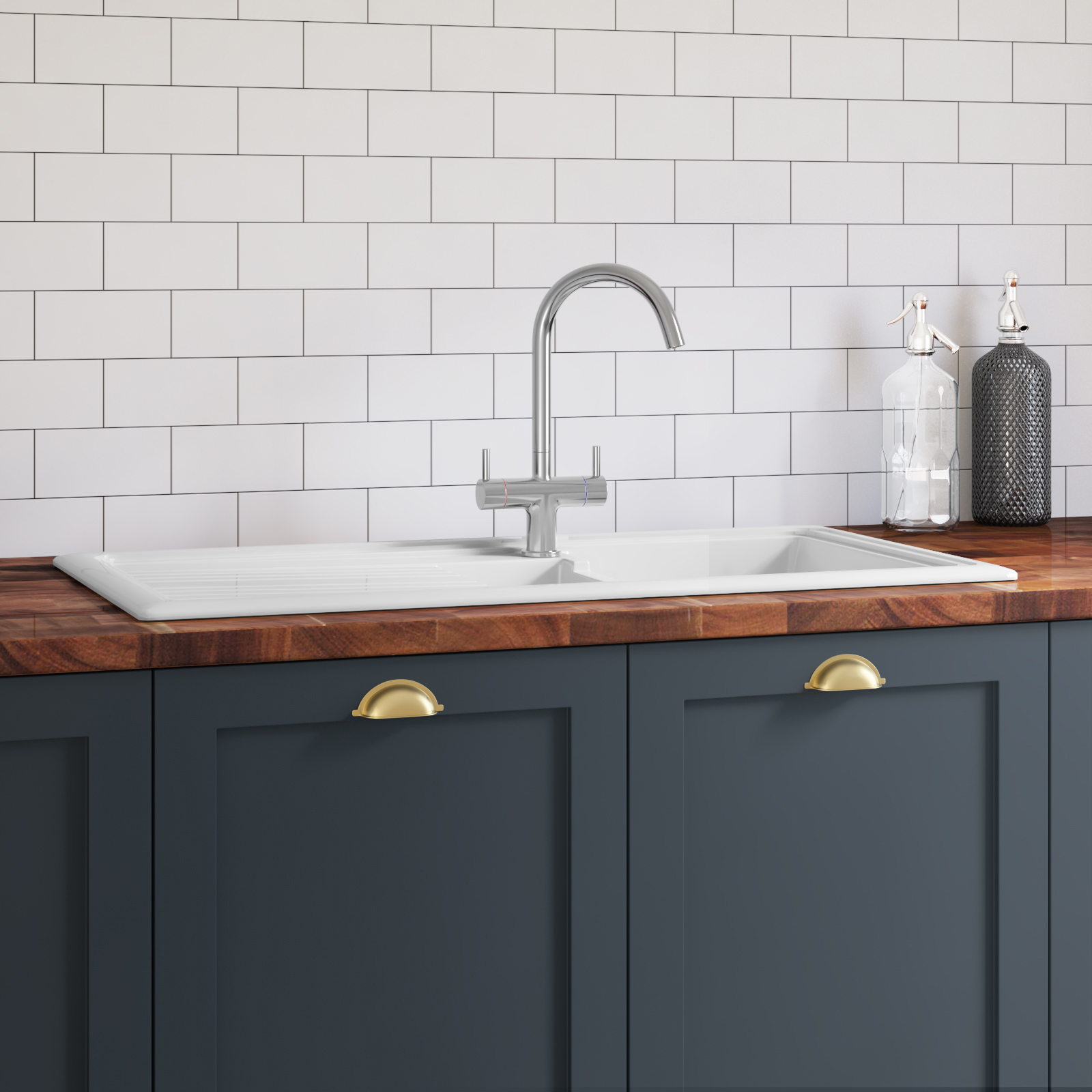 Butler & Rose 1.5 Bowl Ceramic Kitchen Sink and Vellamo Caspian Dual Lever Mono Kitchen Mixer