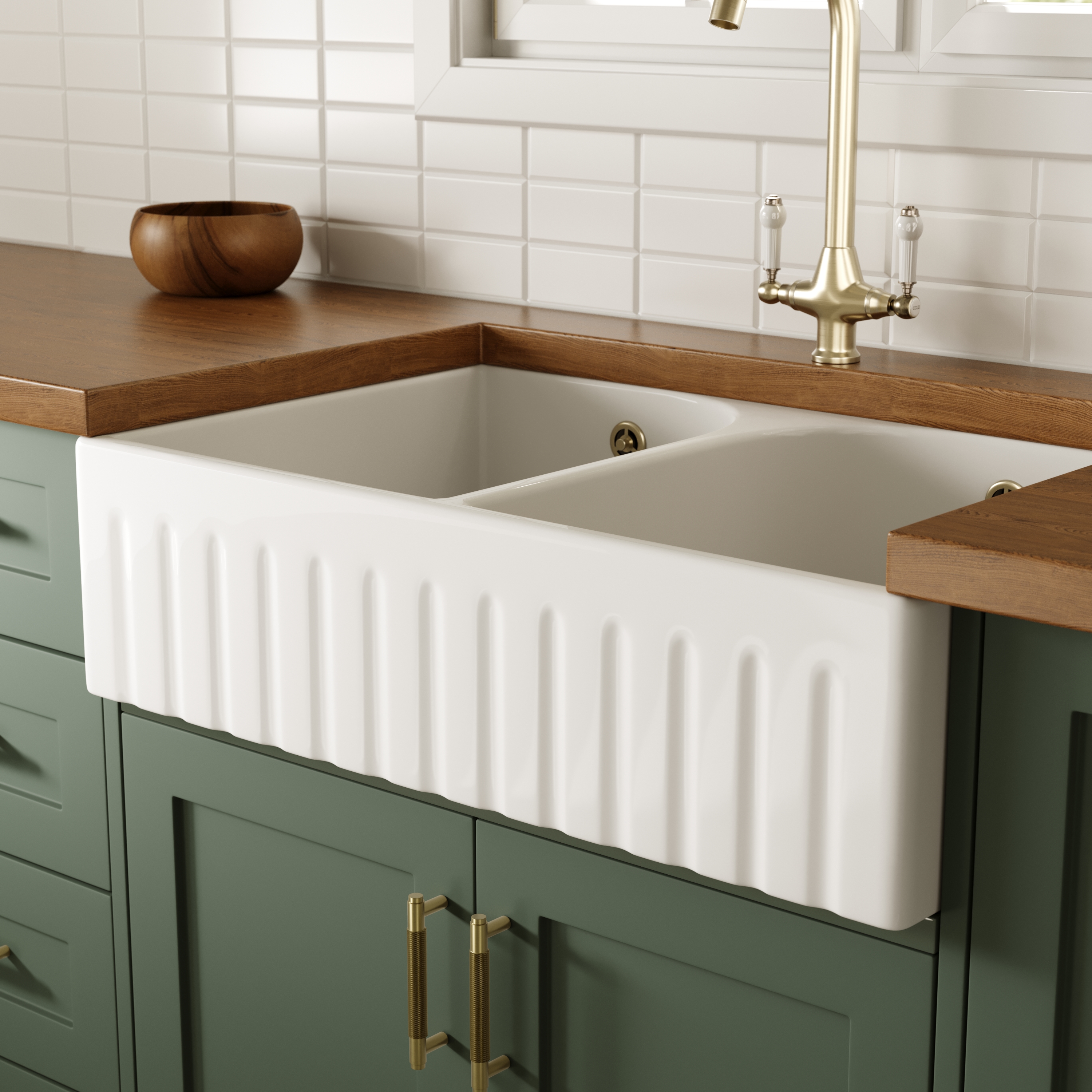 Butler & Rose Fluted Ceramic Fireclay Double Belfast / Butler Kitchen Sink - 795 x 500mm