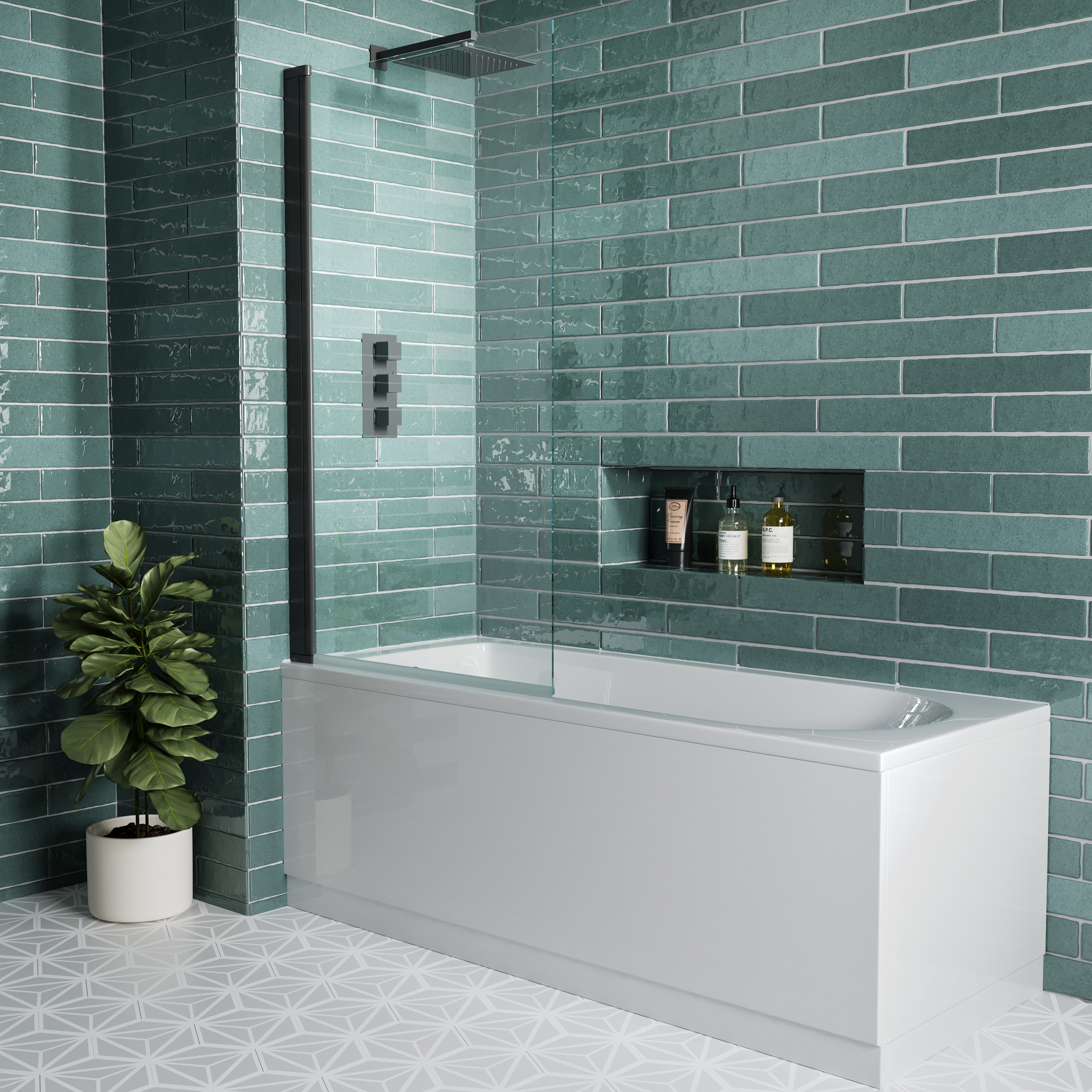 Vellamo City 6mm Matt Black Square Corner Hinged Bath Screen - 1430 x 770mm