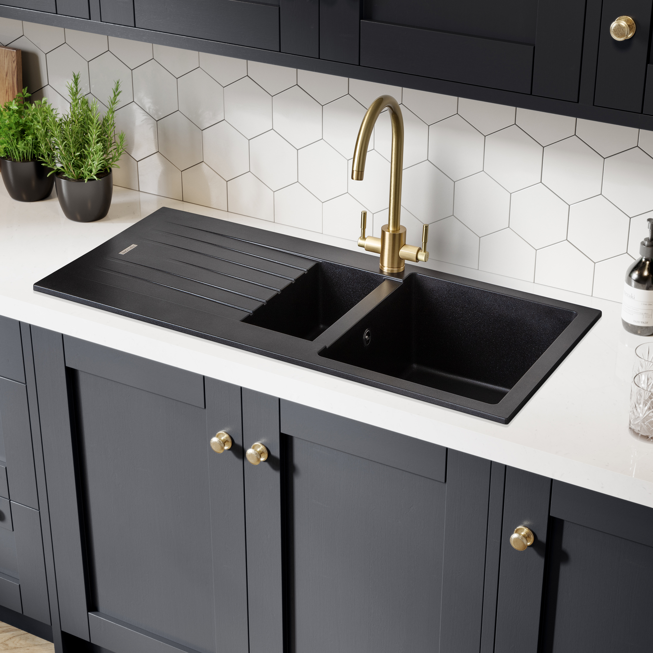 Rangemaster Andesite 1.5 Bowl Granite Igneous Ash Sink & Waste Kit with Reversible Drainer - 1000 x 500mm