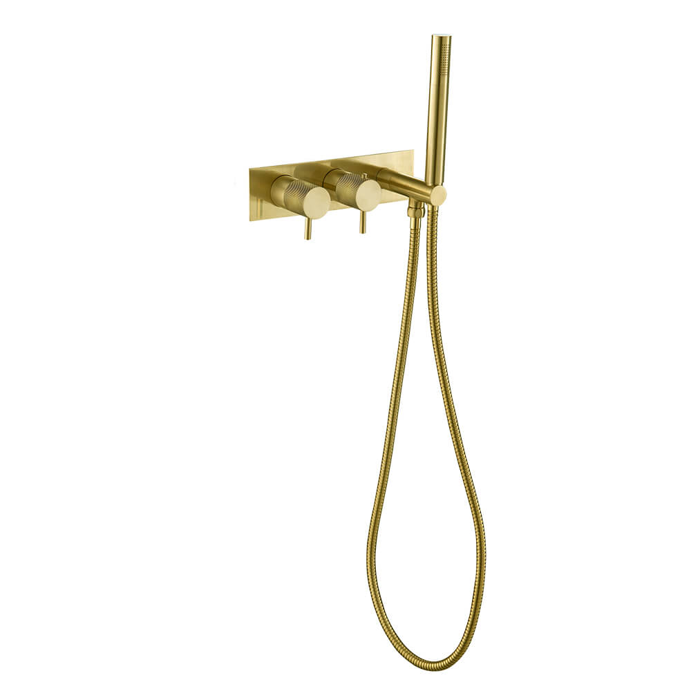 VOS 2 Outlet Concealed Thermostatic Shower Valve with Shower Handset with Designer Handles - Brushed Brass