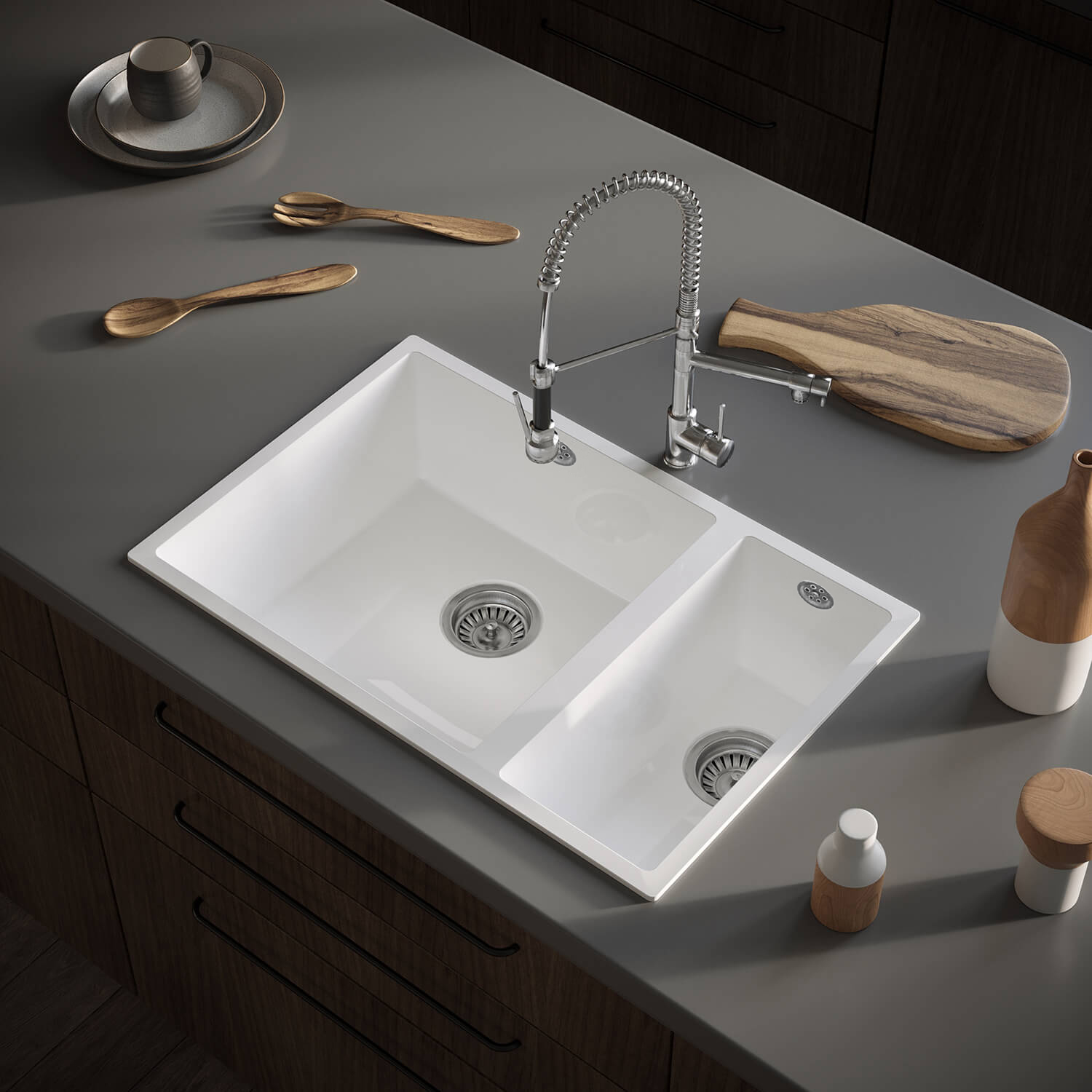 Vellamo Ceramic-Style Gloss White Composite Inset / Undermount 1.5 Bowl Kitchen Sink & Waste - 670 x 440mm