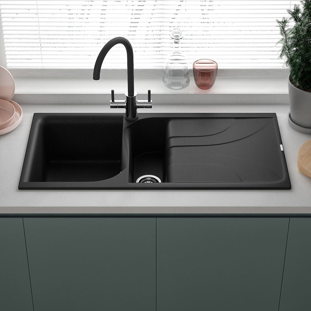 Reginox Ego Black Spek Granite 1.5 Bowl Kitchen Sink & Vellamo Caspian Dual Lever Mono Kitchen Mixer