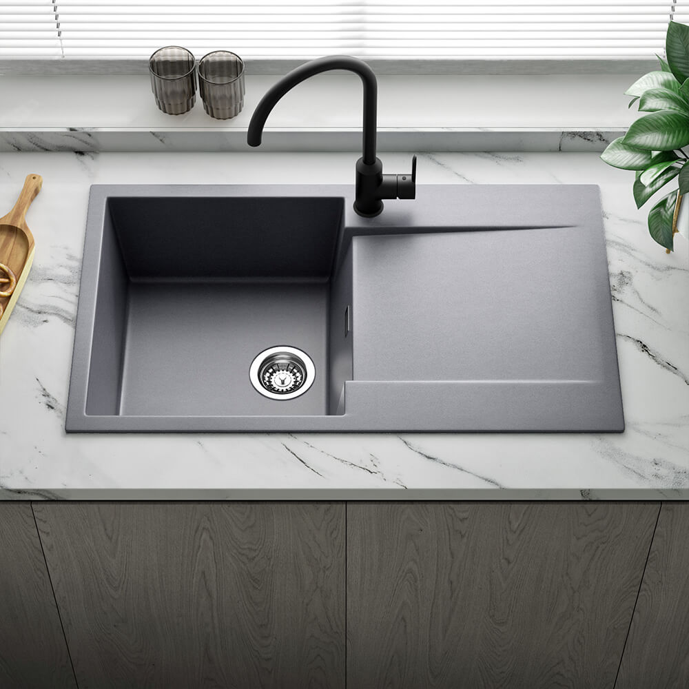 Reginox Amsterdam Compact Single Bowl Granite Composite Kitchen sink & Waste Kit with Reversible Drainer - 860 x 500mm