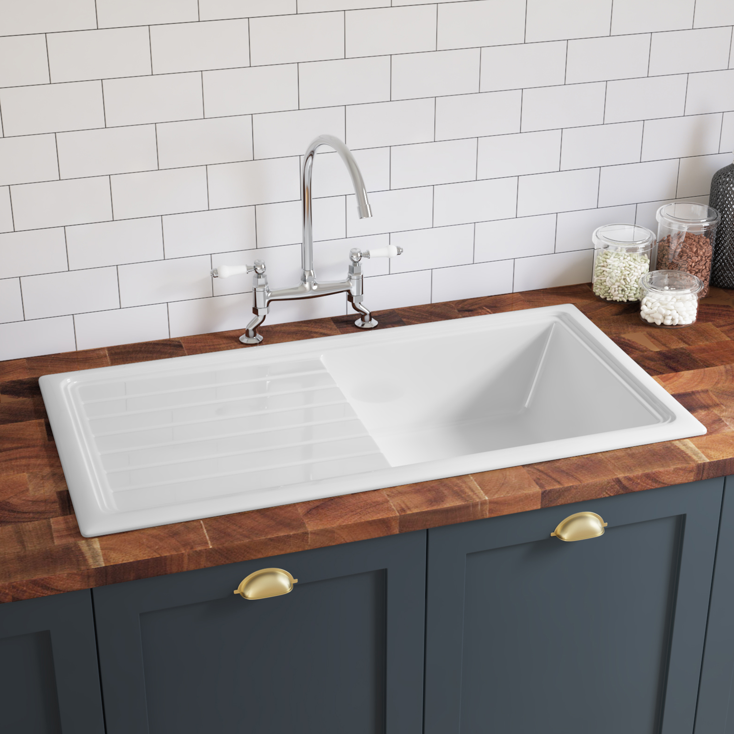 Butler & Rose 1 Bowl White Ceramic Kitchen Sink & Waste Kit with Reversible Drainer - 1010 x 525mm
