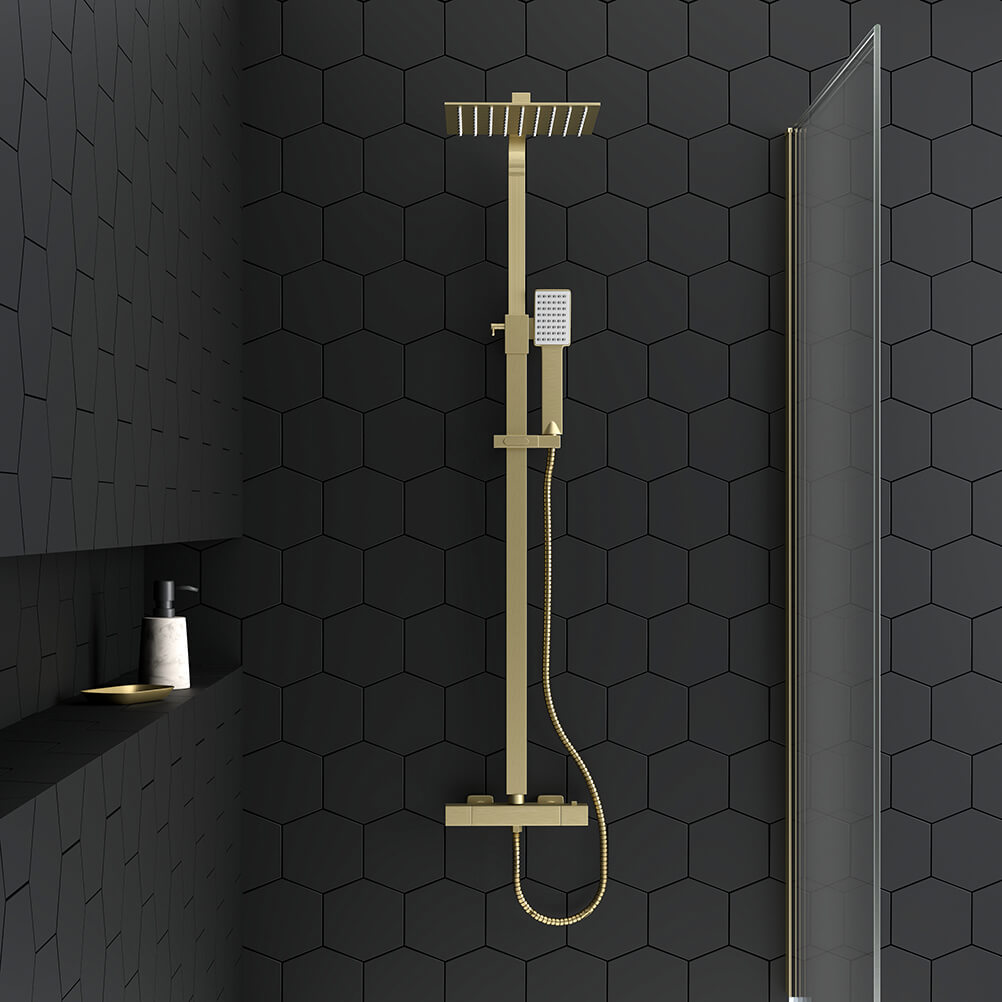 Harbour Rigid Riser Shower Kit, Fixed Square Shower Head & Shower Handset - Brushed Brass