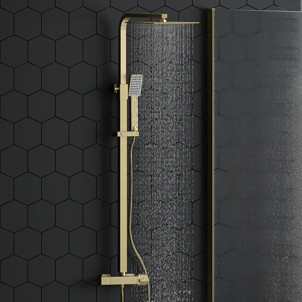 Harbour Rigid Riser Shower Kit, Fixed Square Shower Head & Shower Handset - Brushed Brass