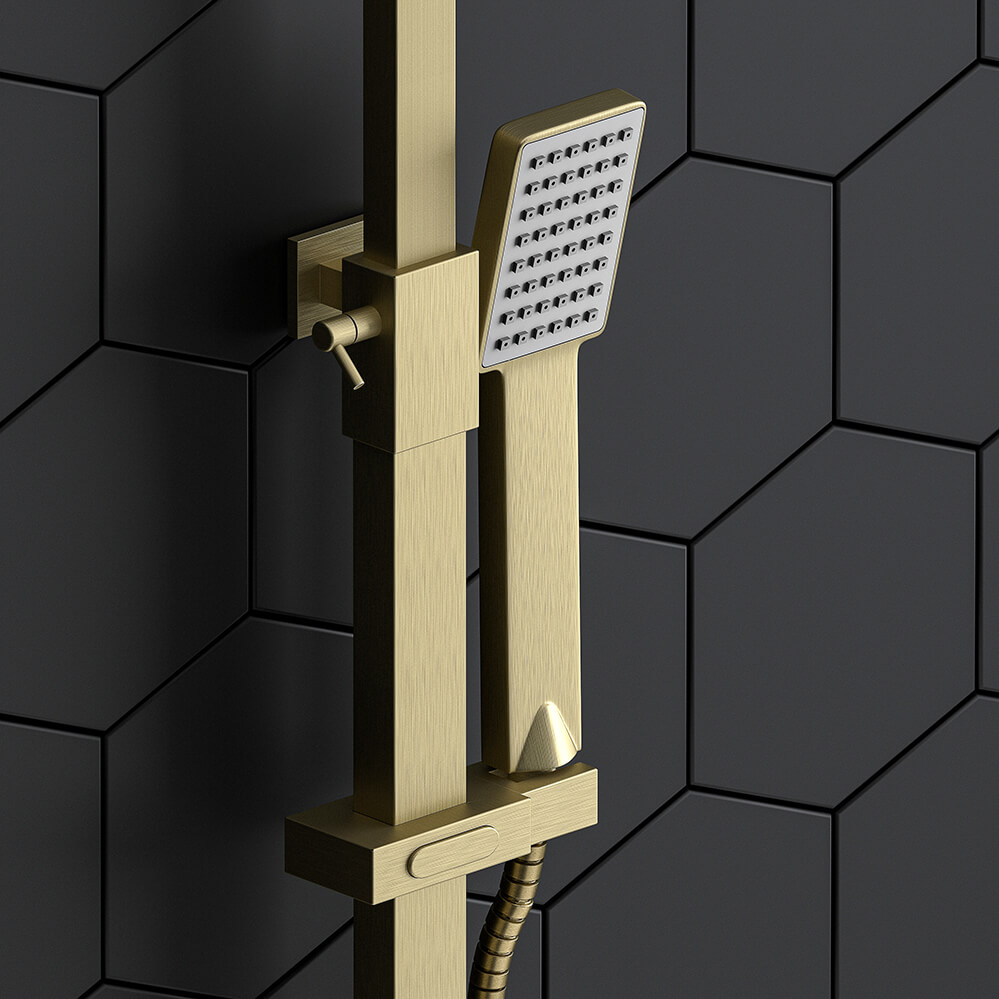 Harbour Rigid Riser Shower Kit, Fixed Square Shower Head & Shower Handset - Brushed Brass
