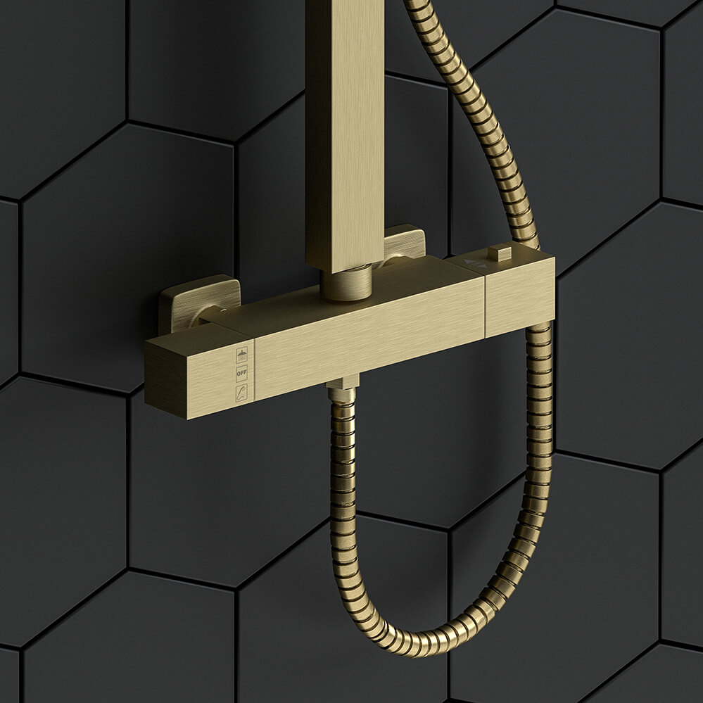 Harbour Rigid Riser Shower Kit, Fixed Square Shower Head & Shower Handset - Brushed Brass