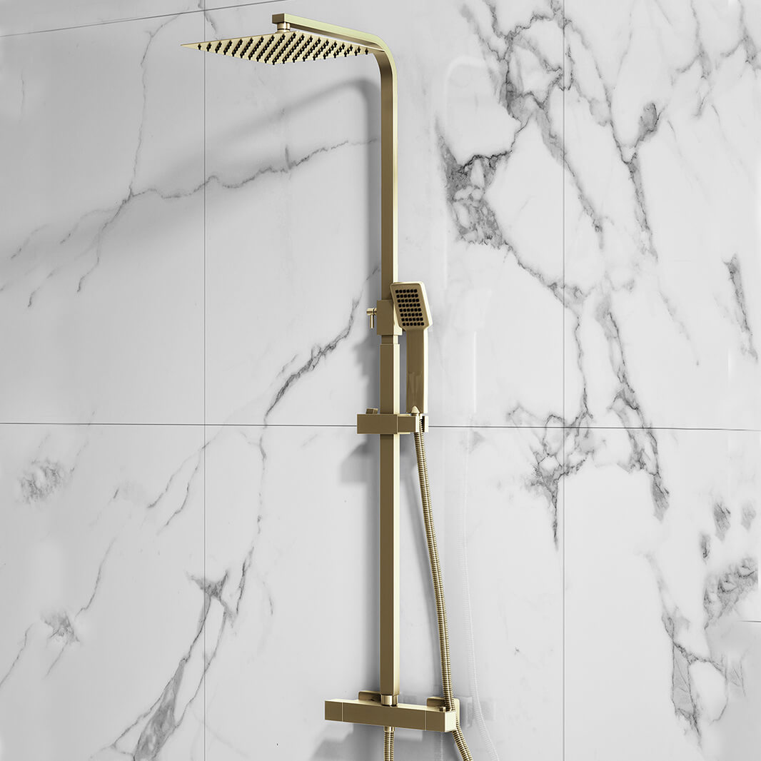 Harbour Rigid Riser Shower Kit, Fixed Square Shower Head & Shower Handset - Brushed Brass
