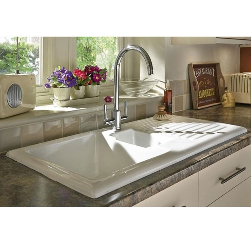 Butler & Rose 1.5 Bowl White Ceramic Kitchen Sink with Reversible Drainer - 1010mm x 510mm