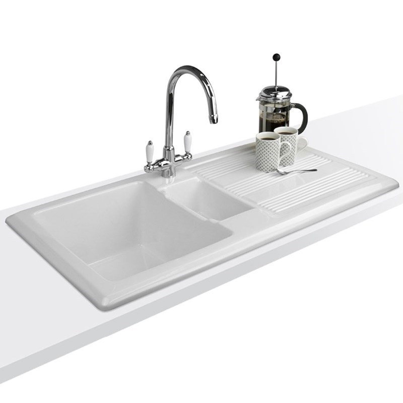 Butler & Rose 1.5 Bowl White Ceramic Kitchen Sink with Reversible Drainer - 1010mm x 510mm
