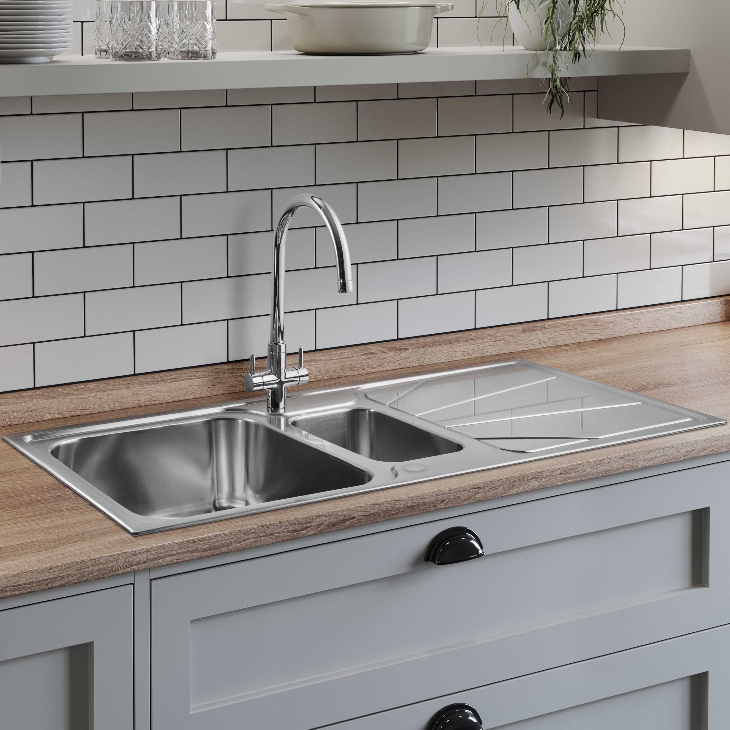 Leisure Nimbus 1.5 Bowl Stainless Steel Kitchen Sink with Reversible Drainer - 1000 x 500mm